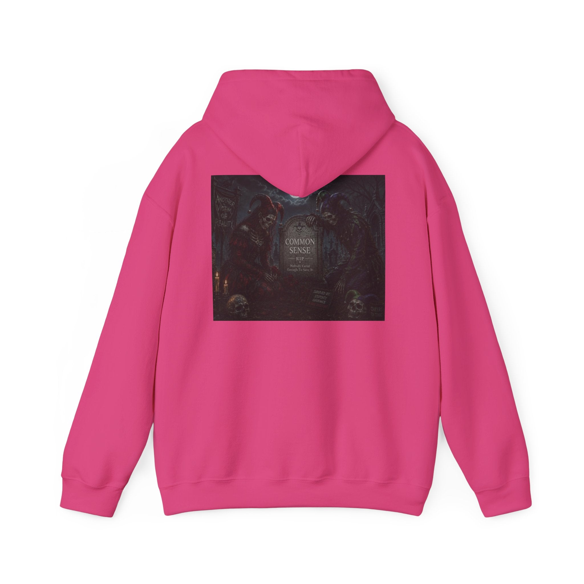 Sarcasm & Caution Hoodie — 'End of Common Sense' Skeleton Jester Duo Graphic Pullover