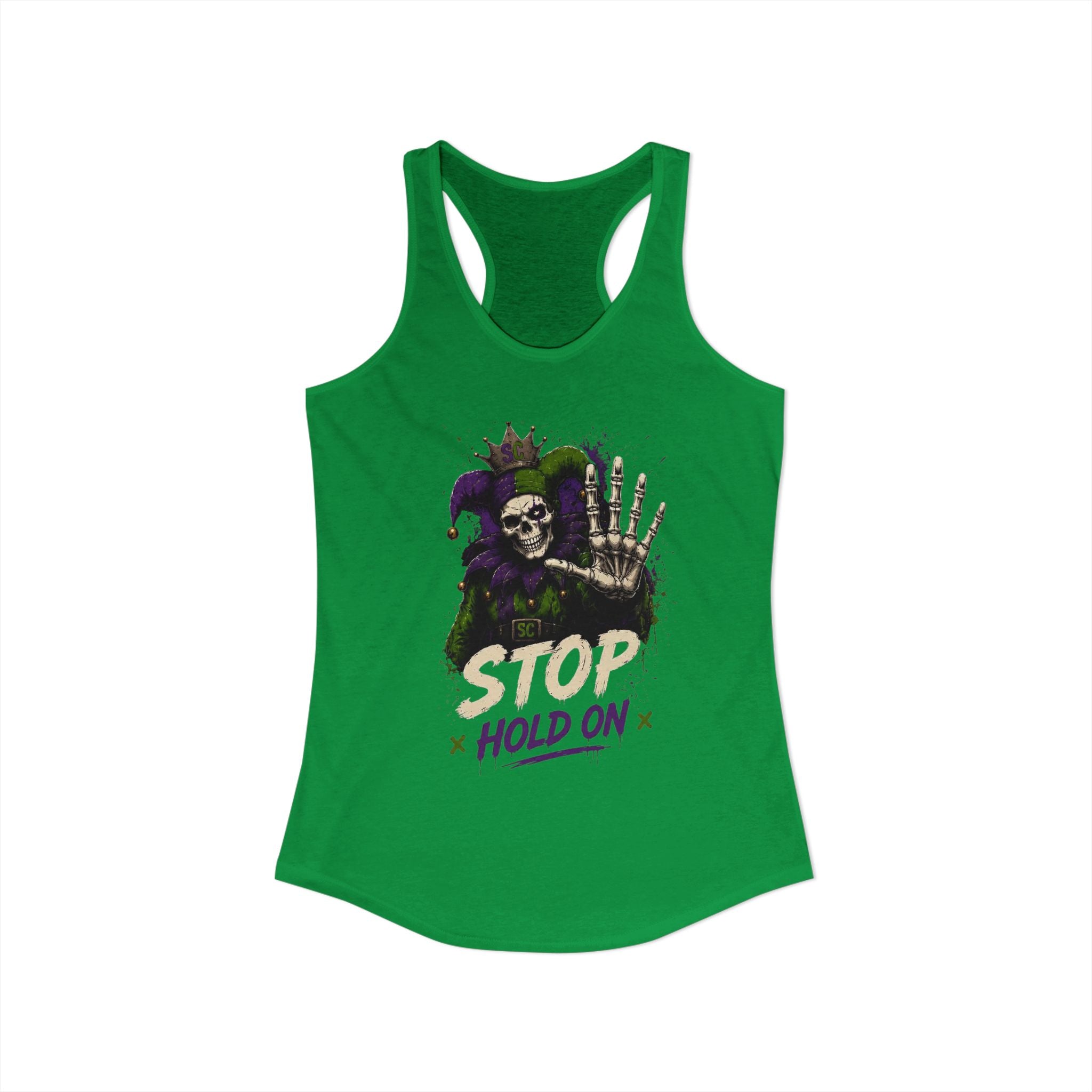 Stop Hold On Racerback Tank — 'OK Now Talk' Jester Graphic Women's Tank Top
