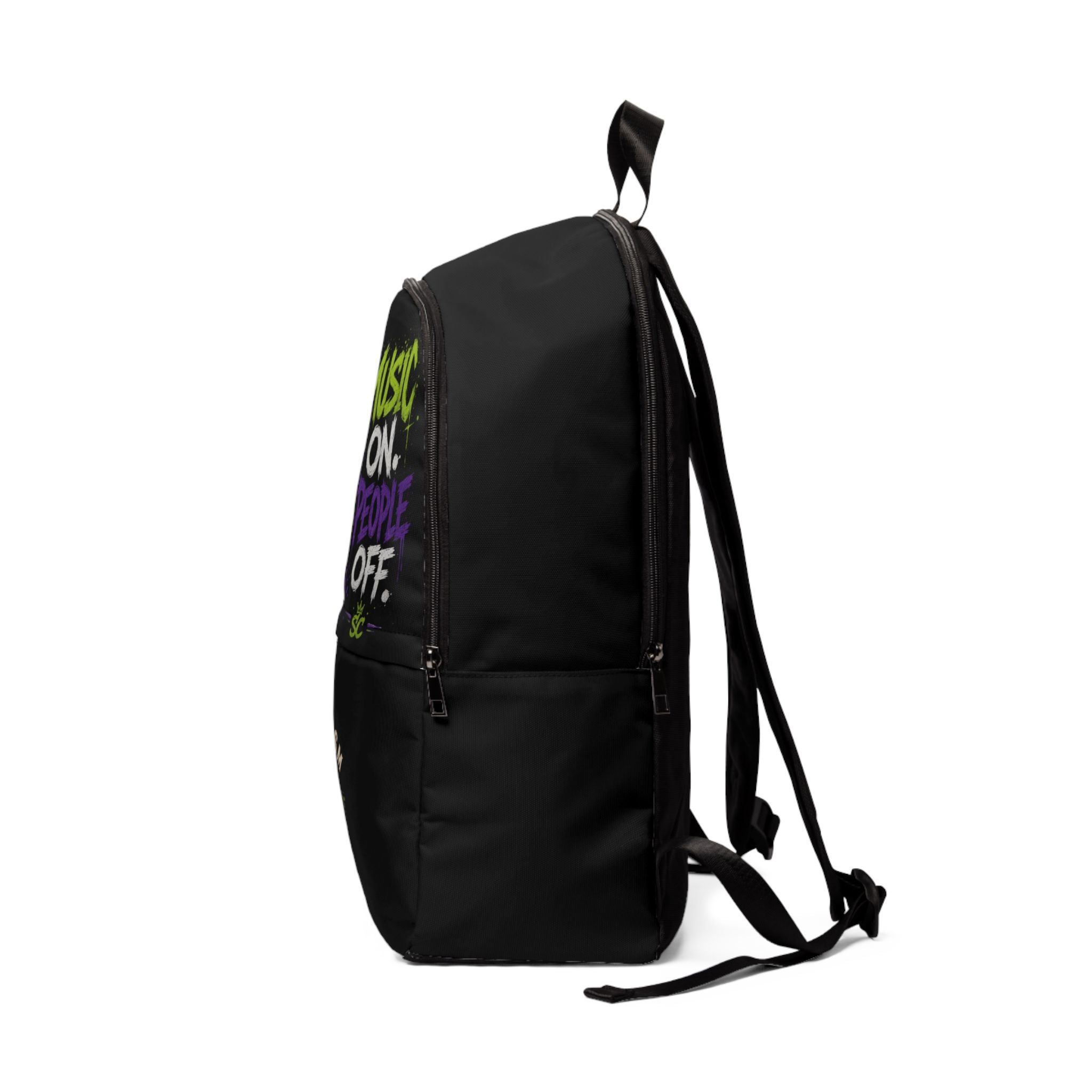 Backpack — "Music On. People Off." Skull Reaper Graphic