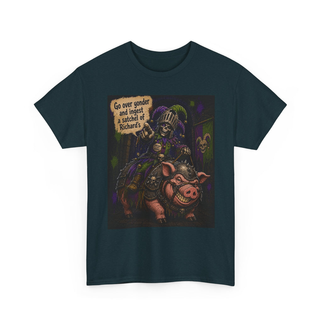 "Go Over Yonder & Ingest a School of Richards" Fantasy Skeleton Knight Riding Pig Dark Humor Graphic T-Shirt