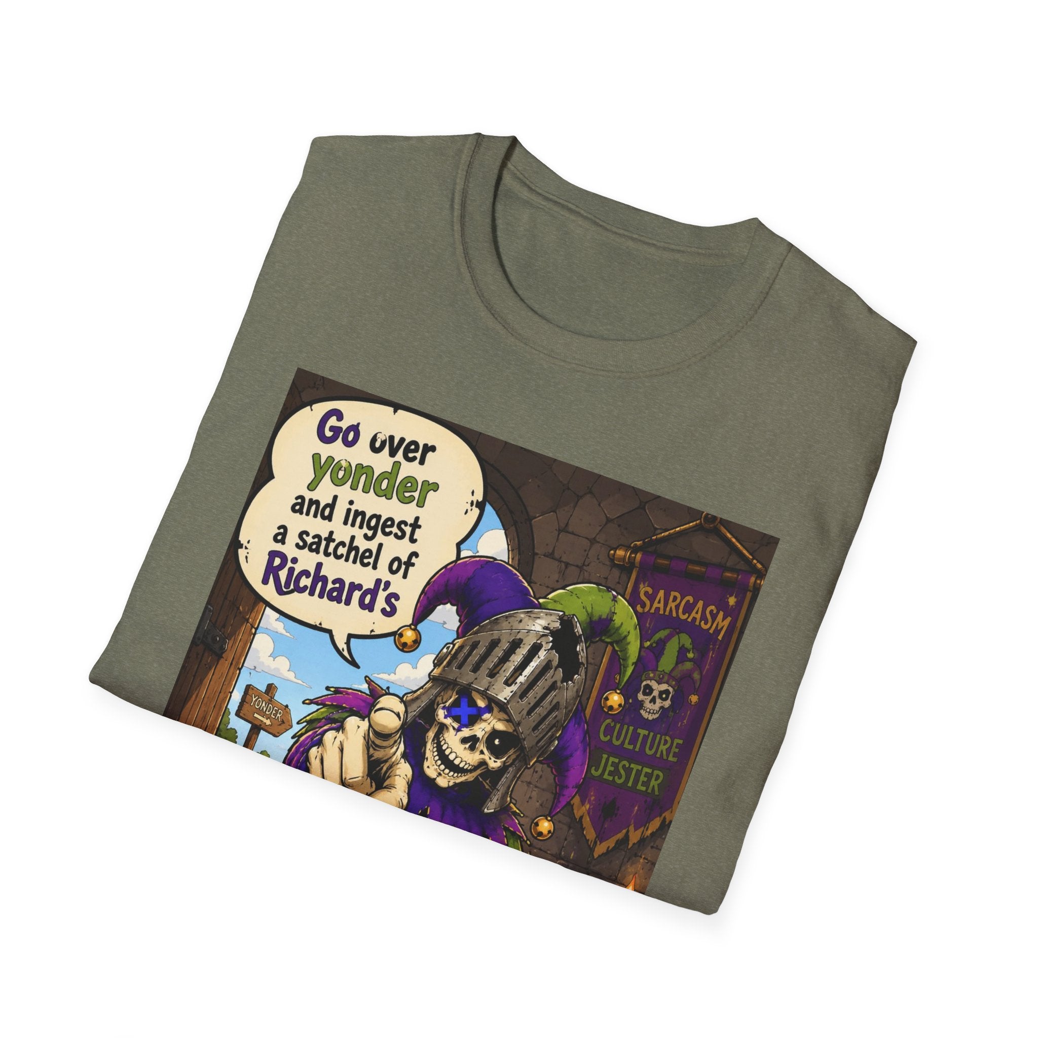 Funny Medieval Skeleton T‑Shirt – 'Go over yonder and ingest a satchel of Richard's' Graphic Tee