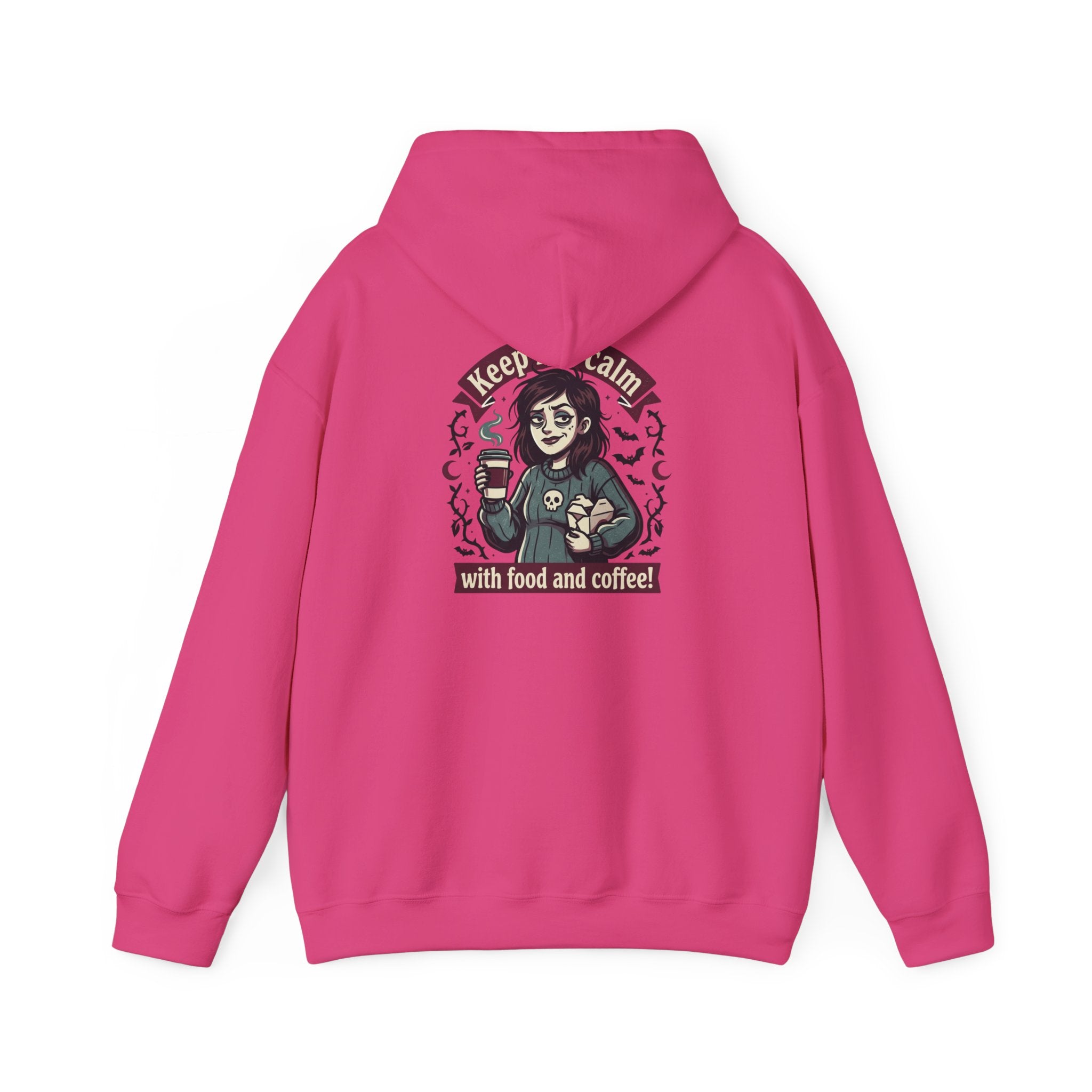 Sarcasm & Caffeine Hoodie — 'Keep Calm with Food and Coffee' Skeleton Jester Graphic Sweatshirt