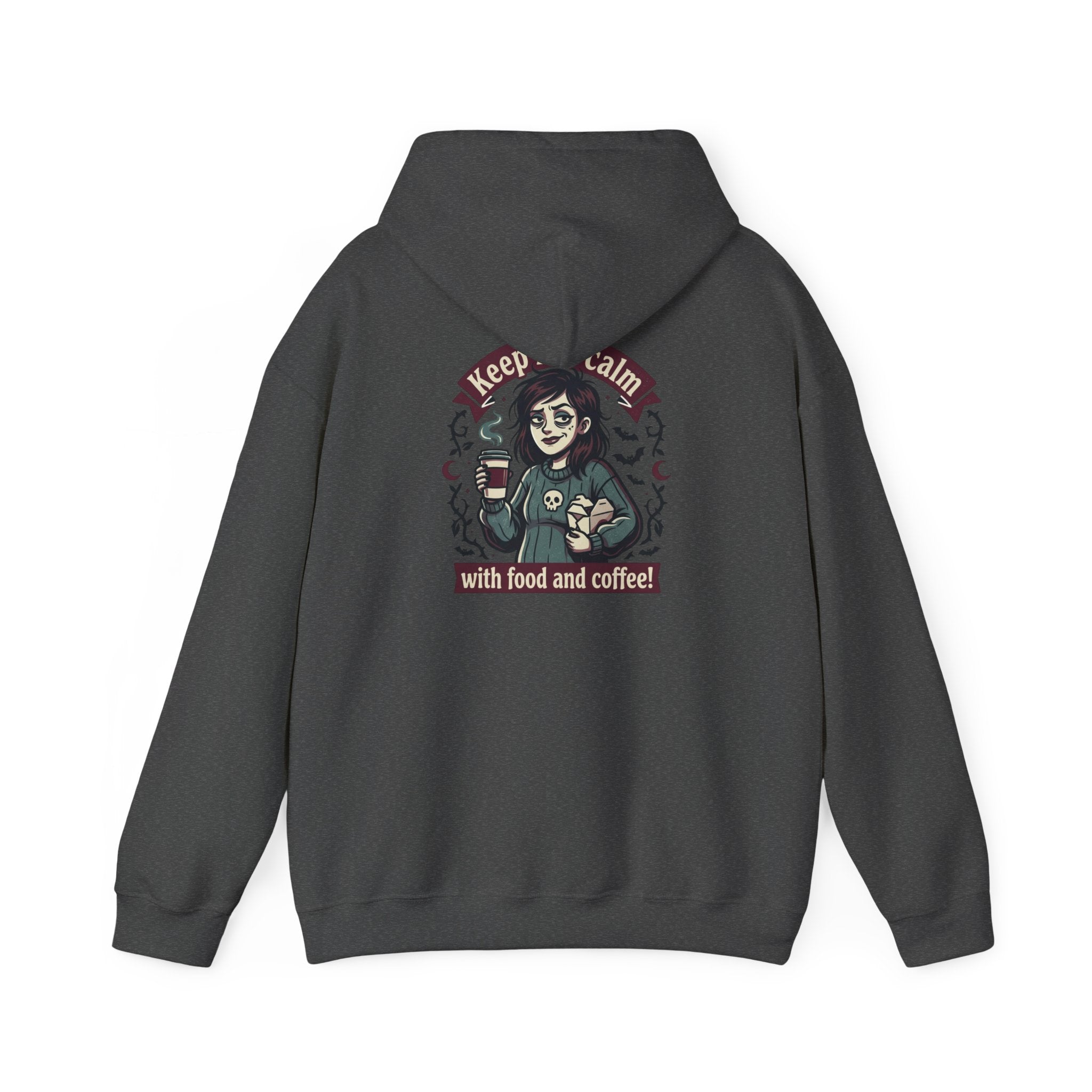 Sarcasm & Caffeine Hoodie — 'Keep Calm with Food and Coffee' Skeleton Jester Graphic Sweatshirt