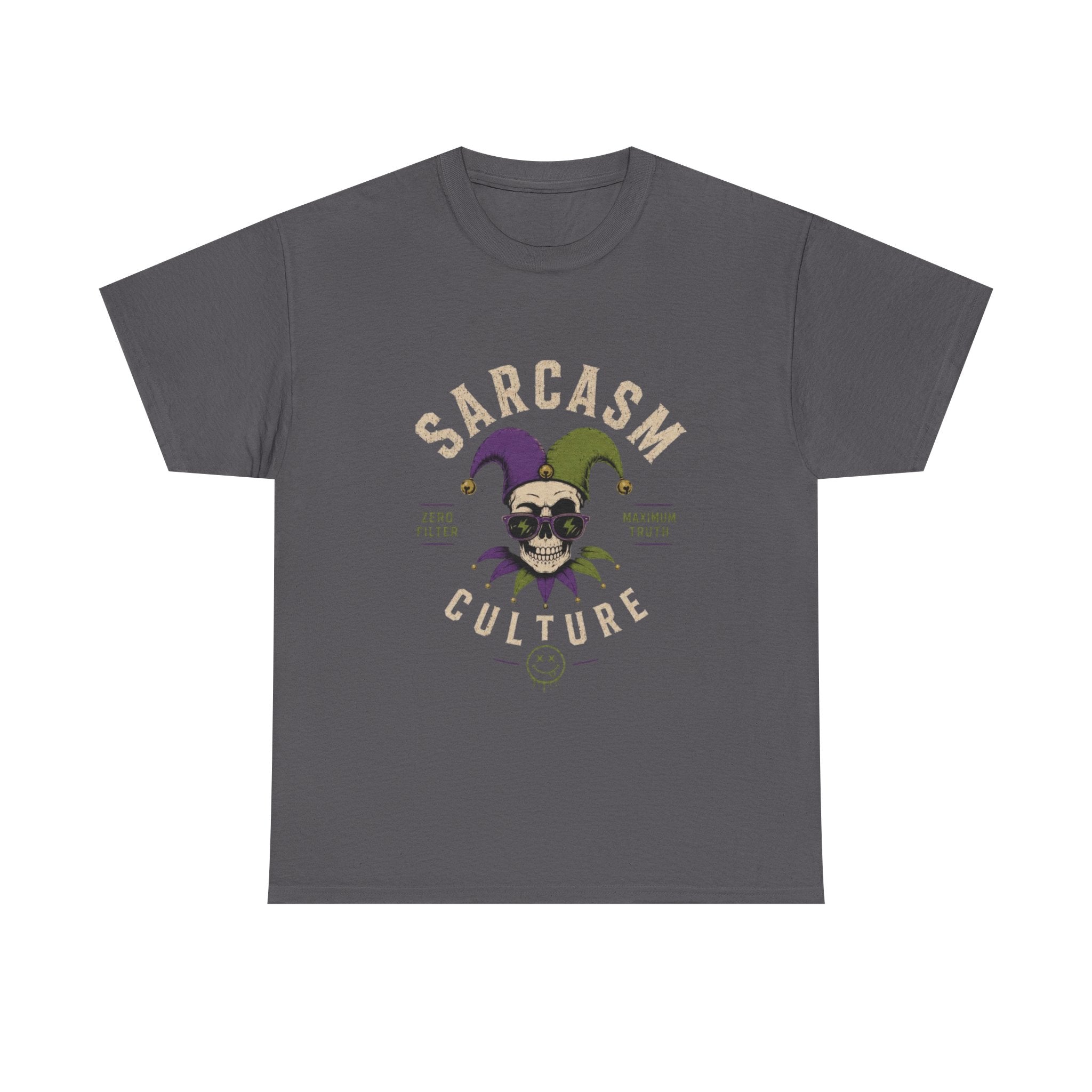 Sarcasm Culture Jester Tee — Skeleton Jester Emblem Dark Humor Graphic T-Shirt