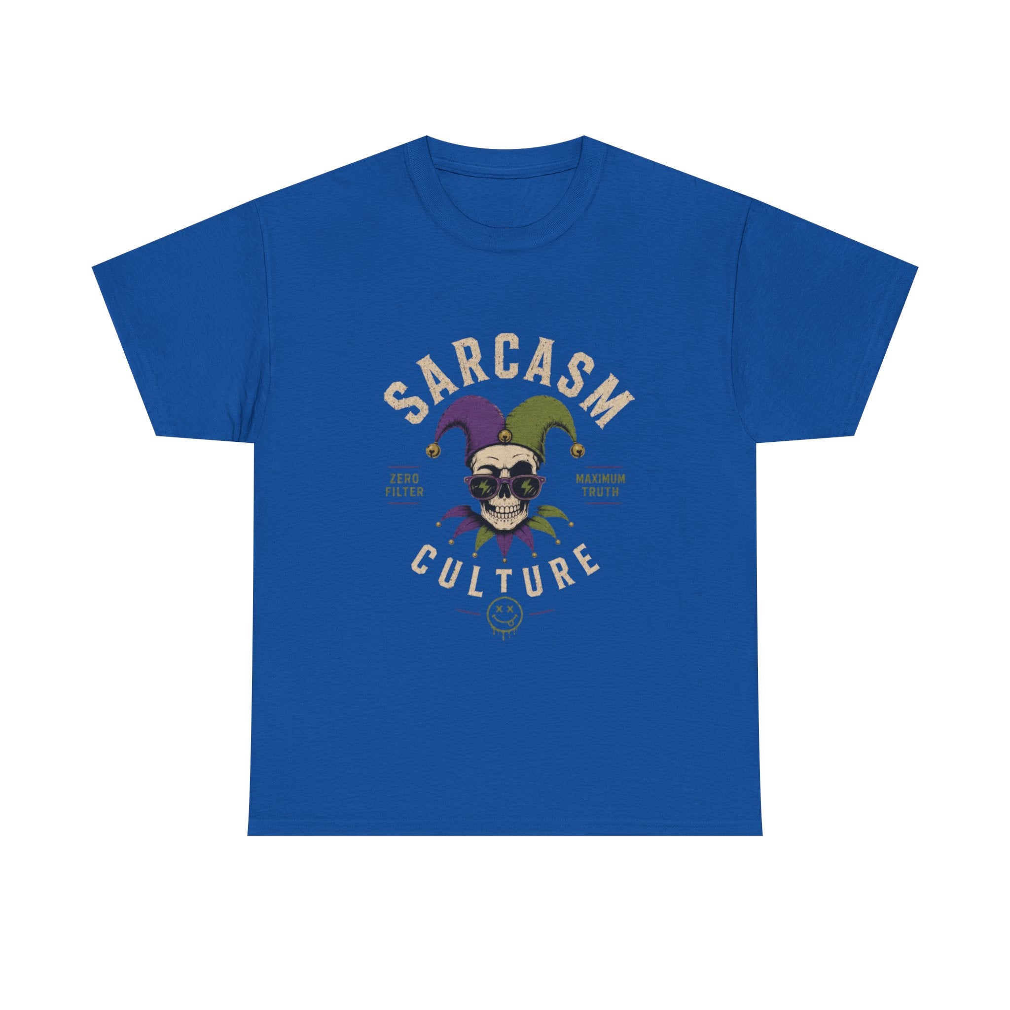 Sarcasm Culture Jester Tee — Skeleton Jester Emblem Dark Humor Graphic T-Shirt