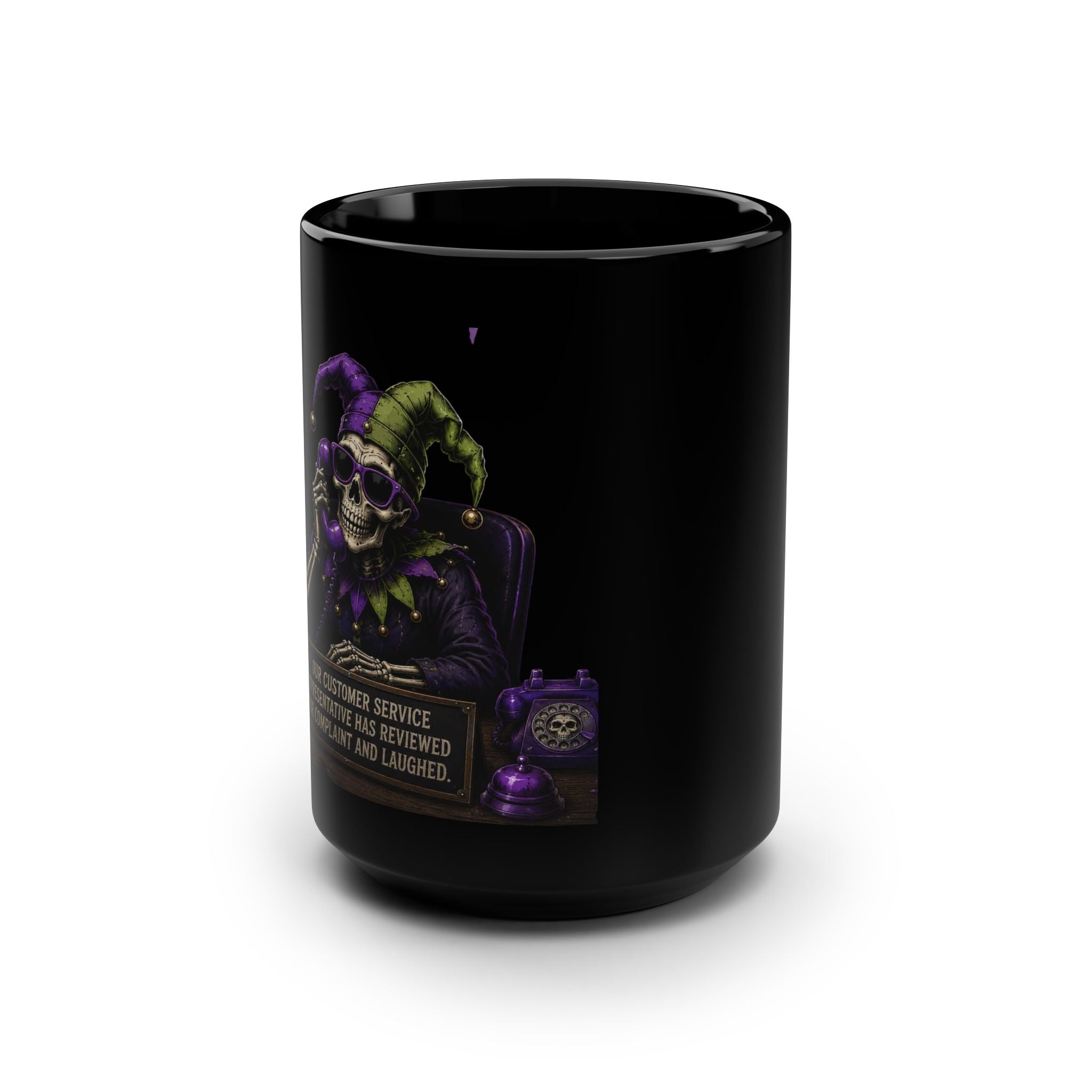 Black Ceramic Mug — Jester Skull Customer Service Design (15oz)