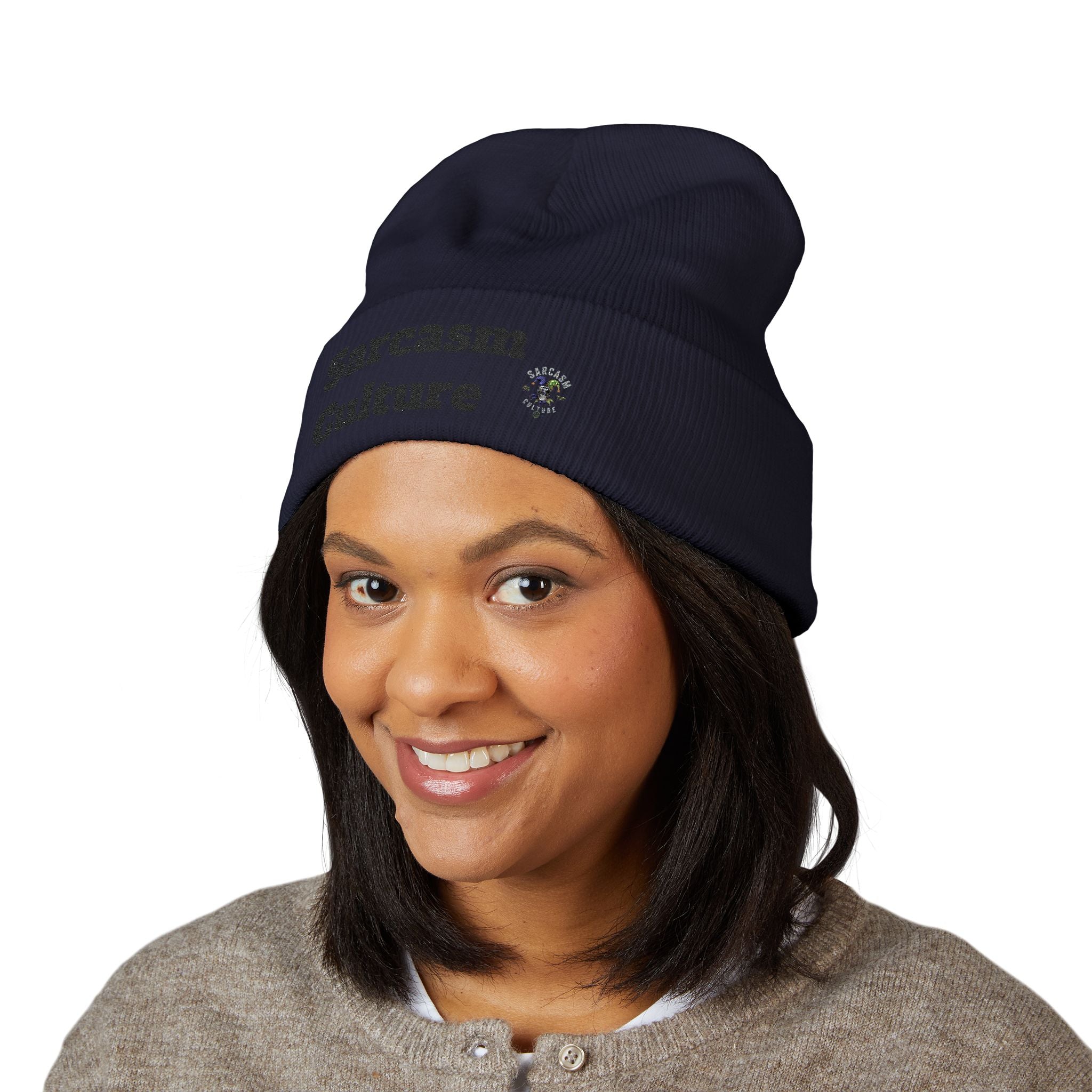 Sarcasm Culture Embroidered Cuffed Beanie — Olive Knit Winter Hat