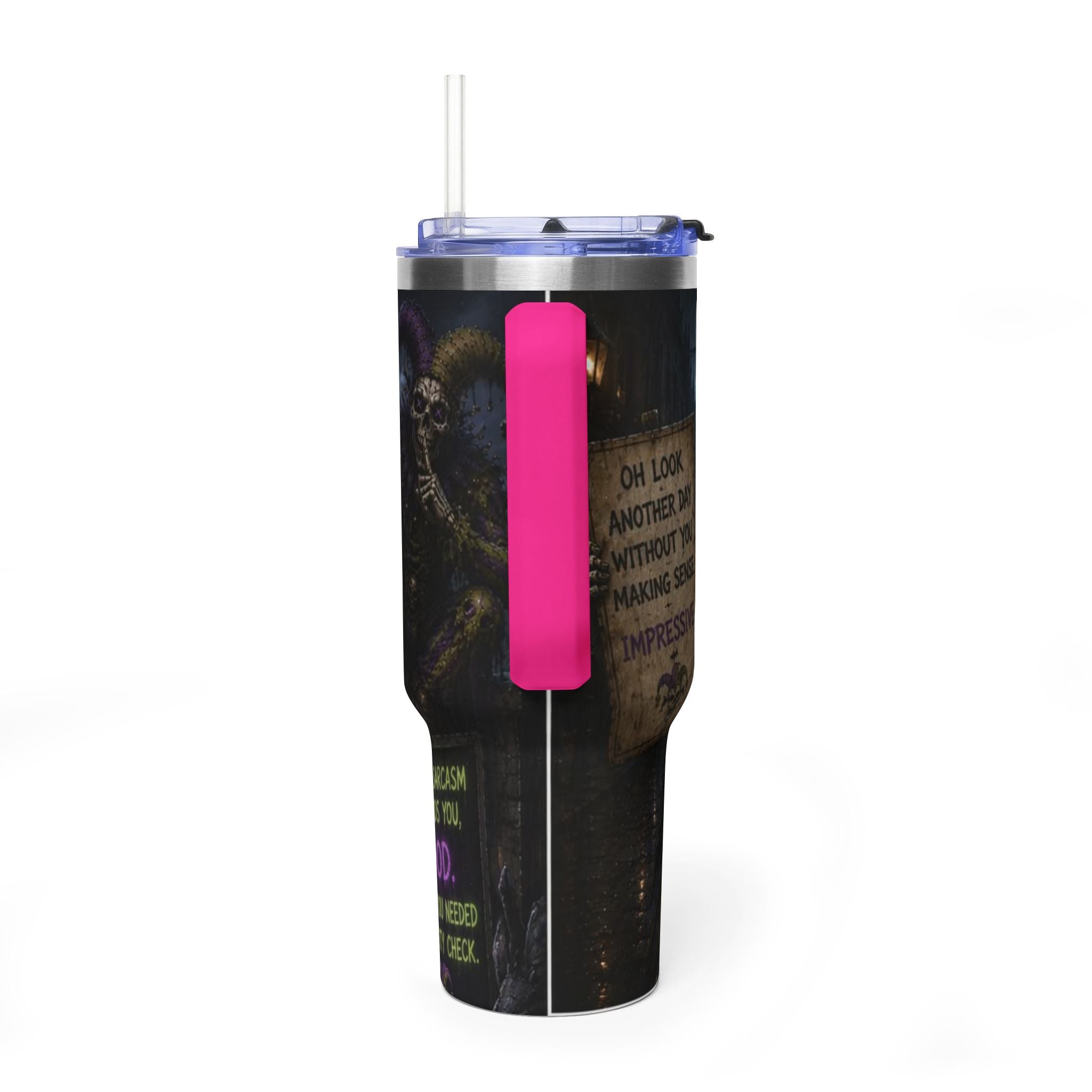 40oz The Skeleton Jester Tumbler — 'Another Day Without You Making Sense' Dark Humor Travel Mug