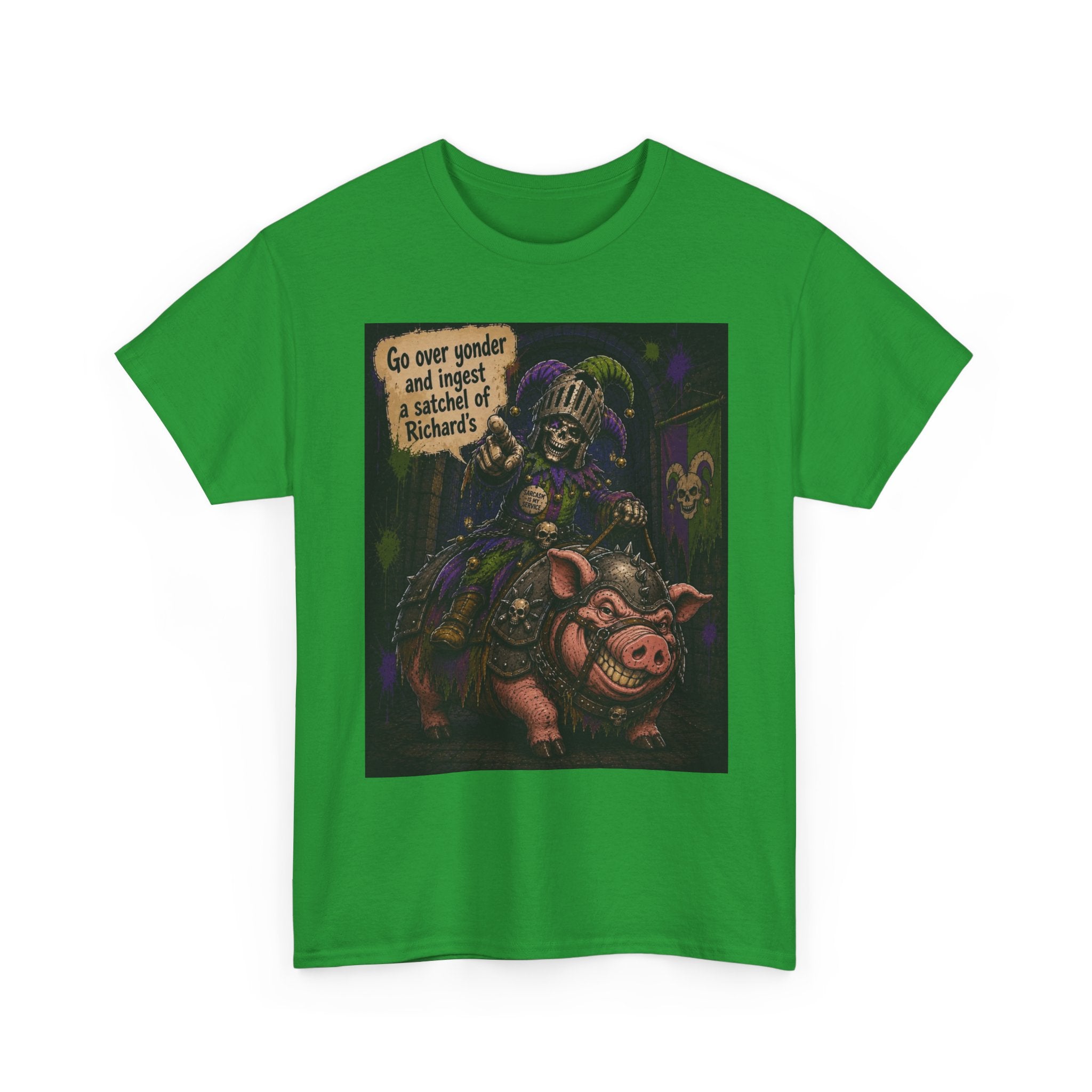 "Go Over Yonder & Ingest a School of Richards" Fantasy Skeleton Knight Riding Pig Dark Humor Graphic T-Shirt