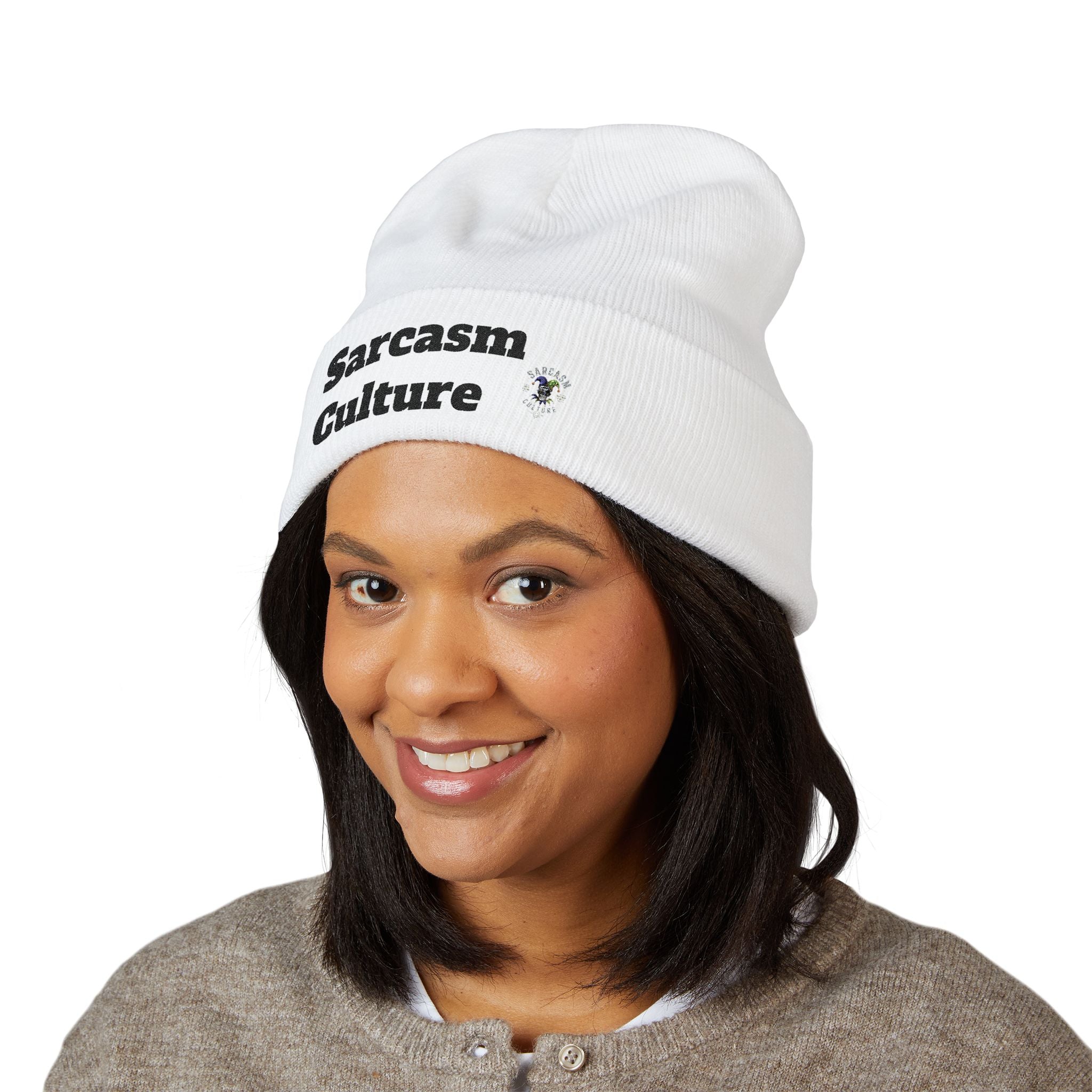 Sarcasm Culture Embroidered Cuffed Beanie — Olive Knit Winter Hat