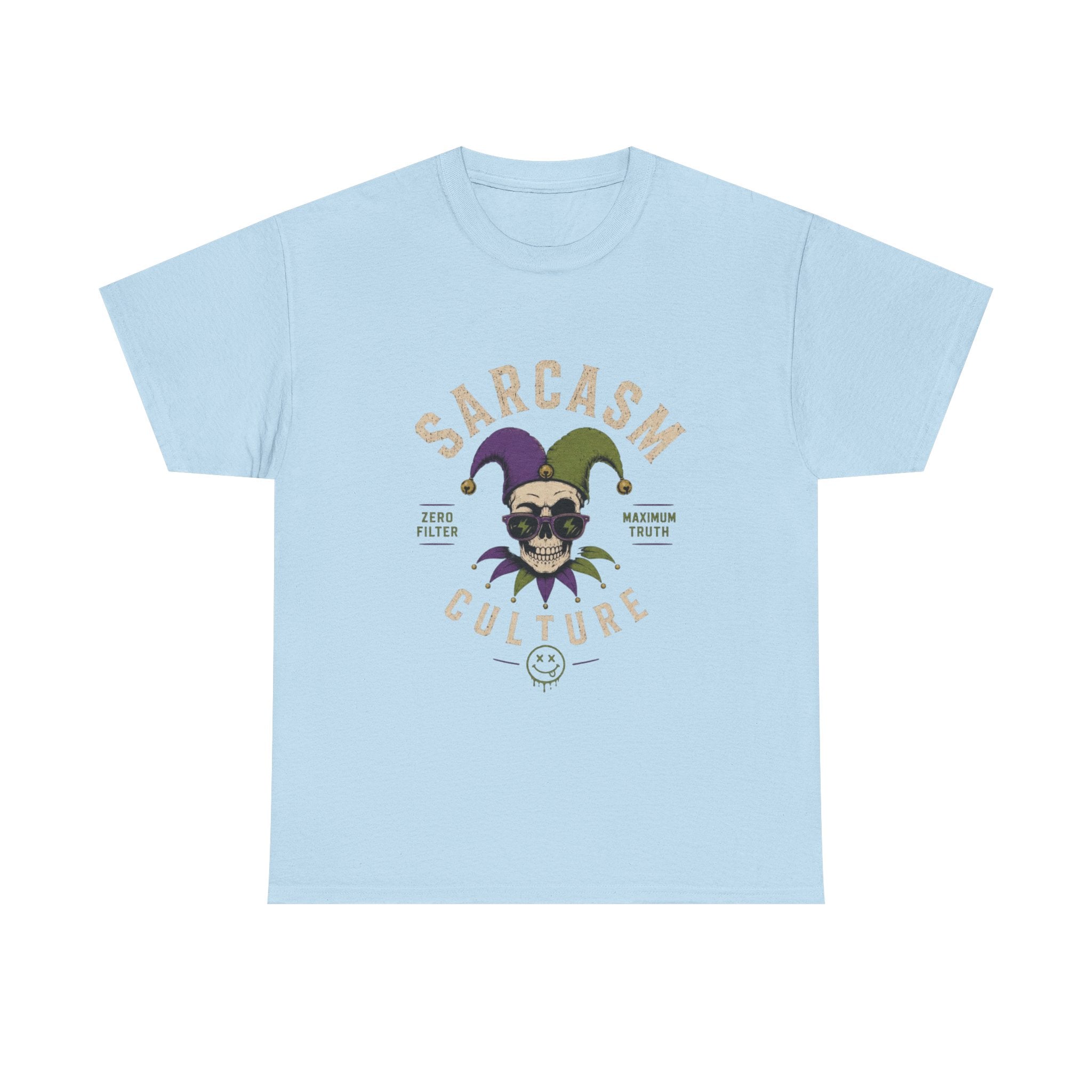 Sarcasm Culture Jester Tee — Skeleton Jester Emblem Dark Humor Graphic T-Shirt