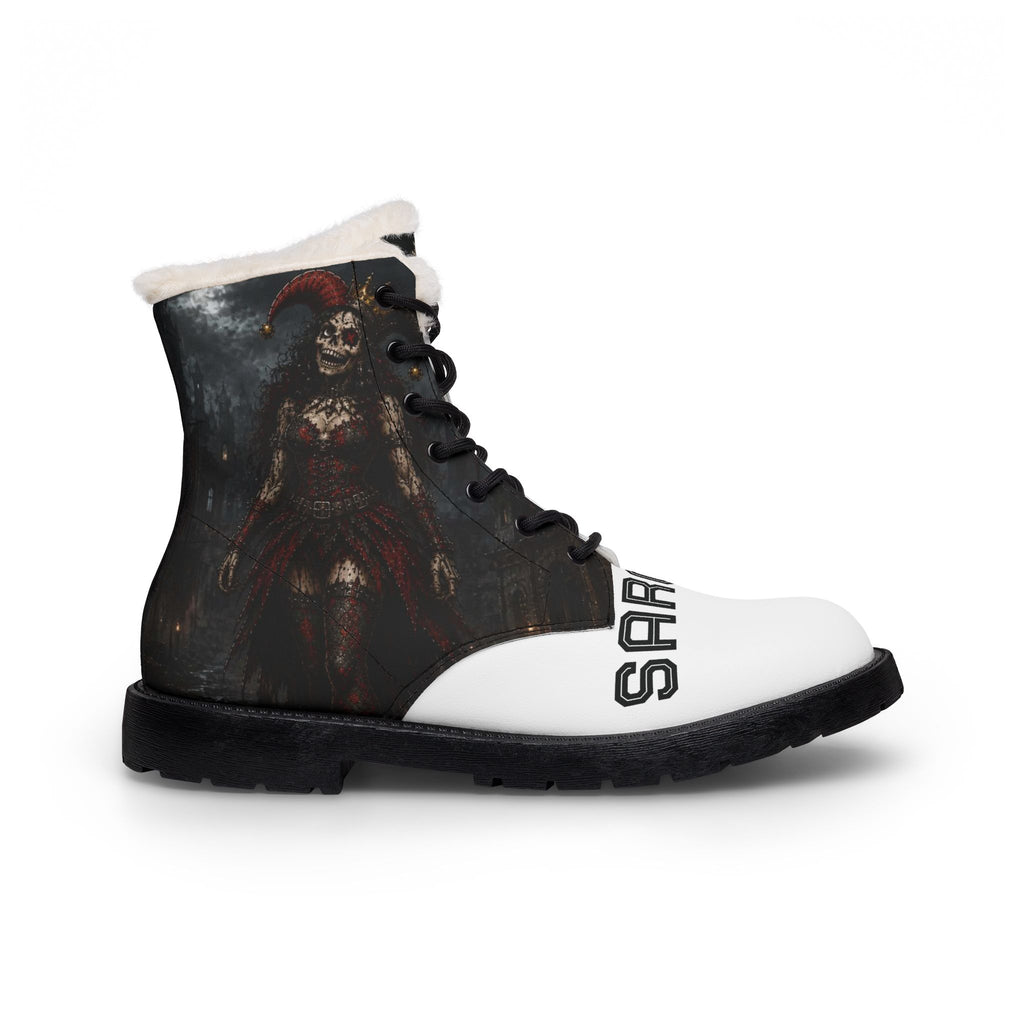 Women's Fur-Lined Leather Boots — Gothic Skeleton Clown Design