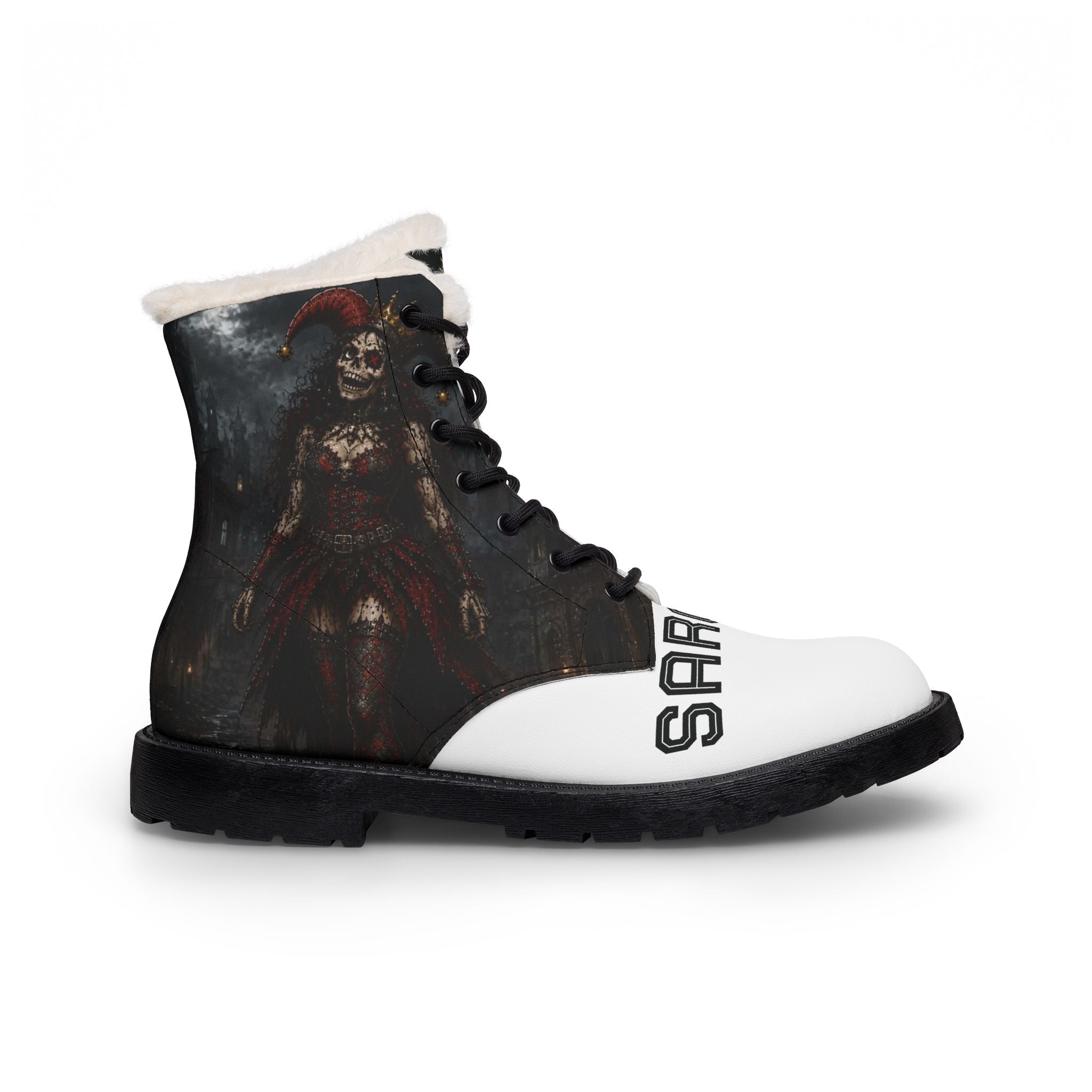 Women's Fur-Lined Leather Boots — Gothic Skeleton Clown Design