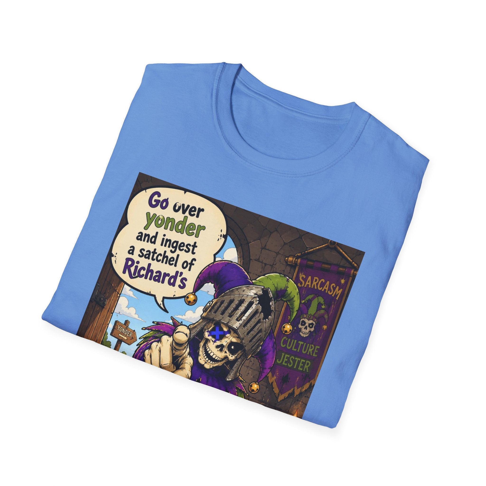 Funny Medieval Skeleton T‑Shirt – 'Go over yonder and ingest a satchel of Richard's' Graphic Tee