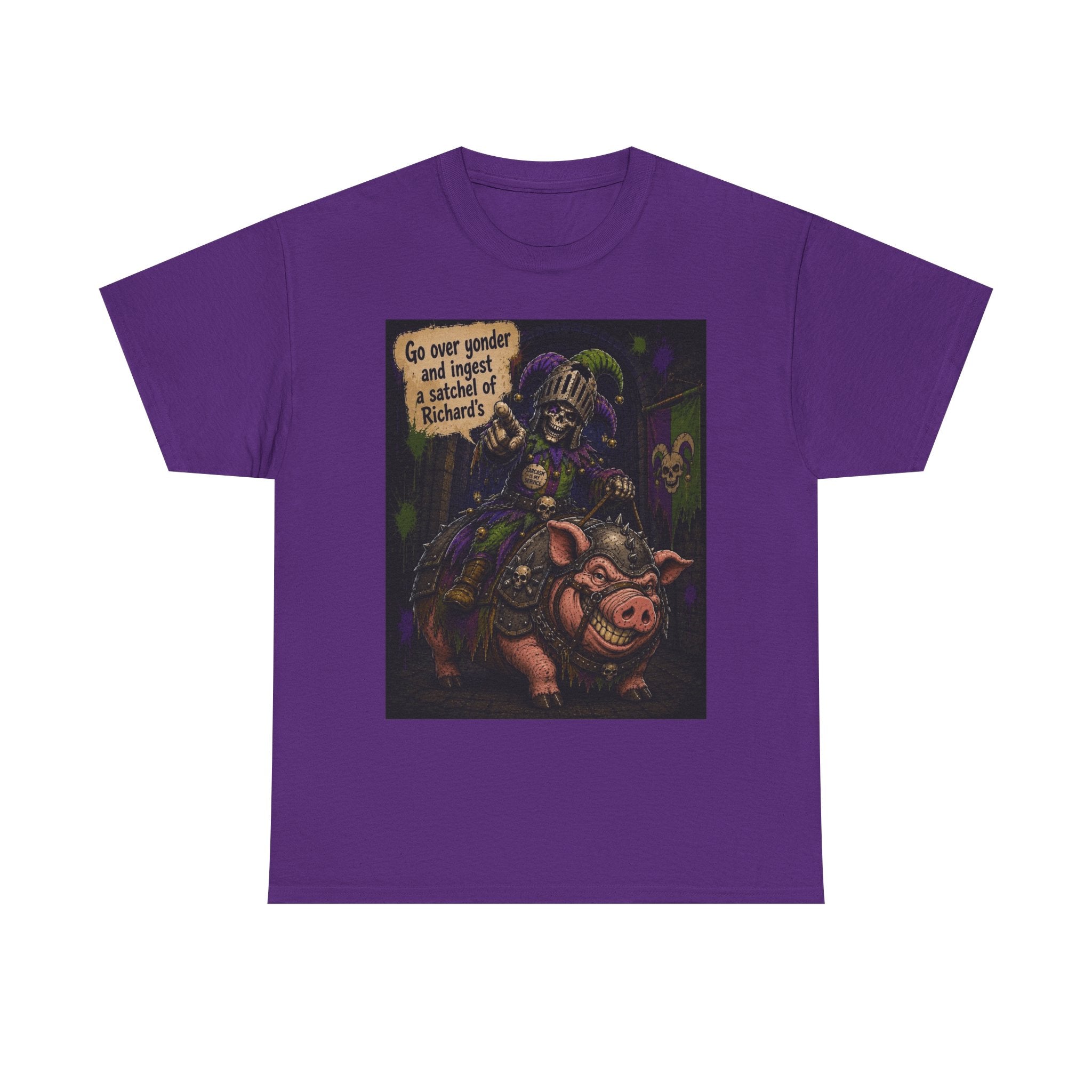 "Go Over Yonder & Ingest a School of Richards" Fantasy Skeleton Knight Riding Pig Dark Humor Graphic T-Shirt