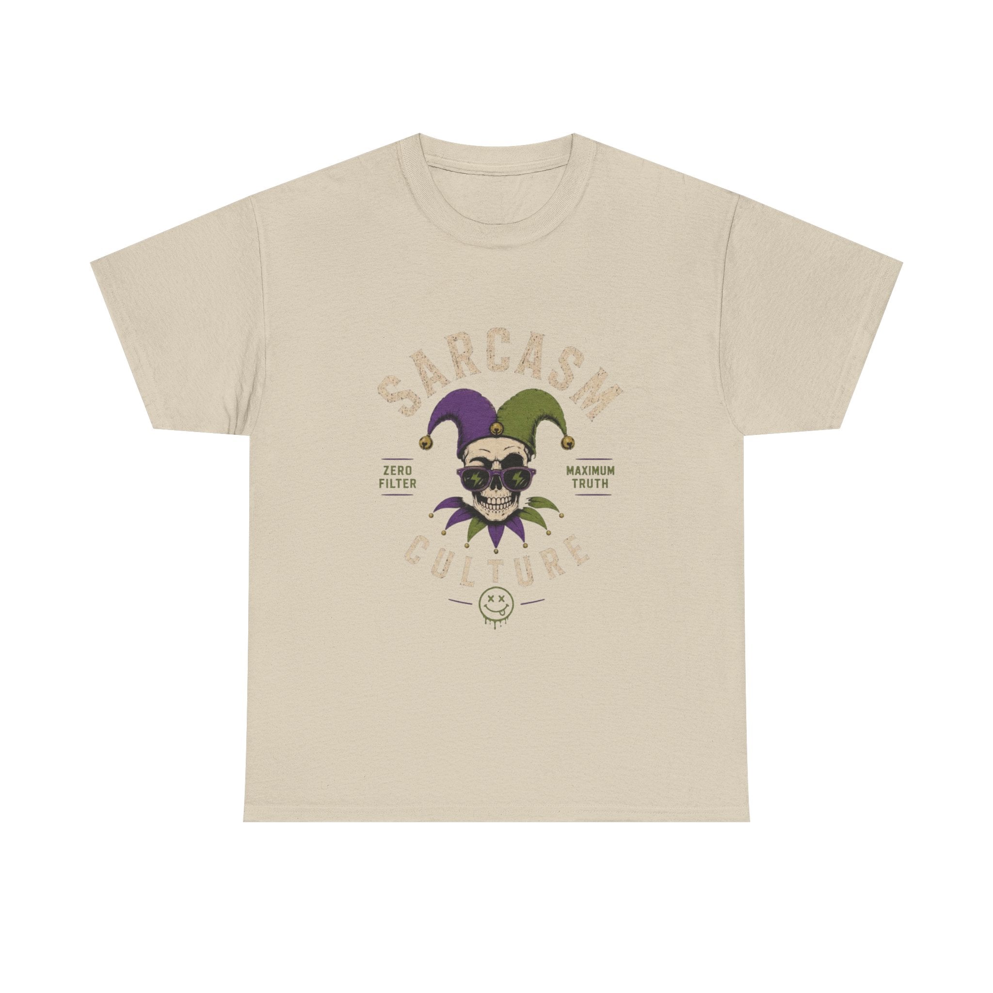 Sarcasm Culture Jester Tee — Skeleton Jester Emblem Dark Humor Graphic T-Shirt