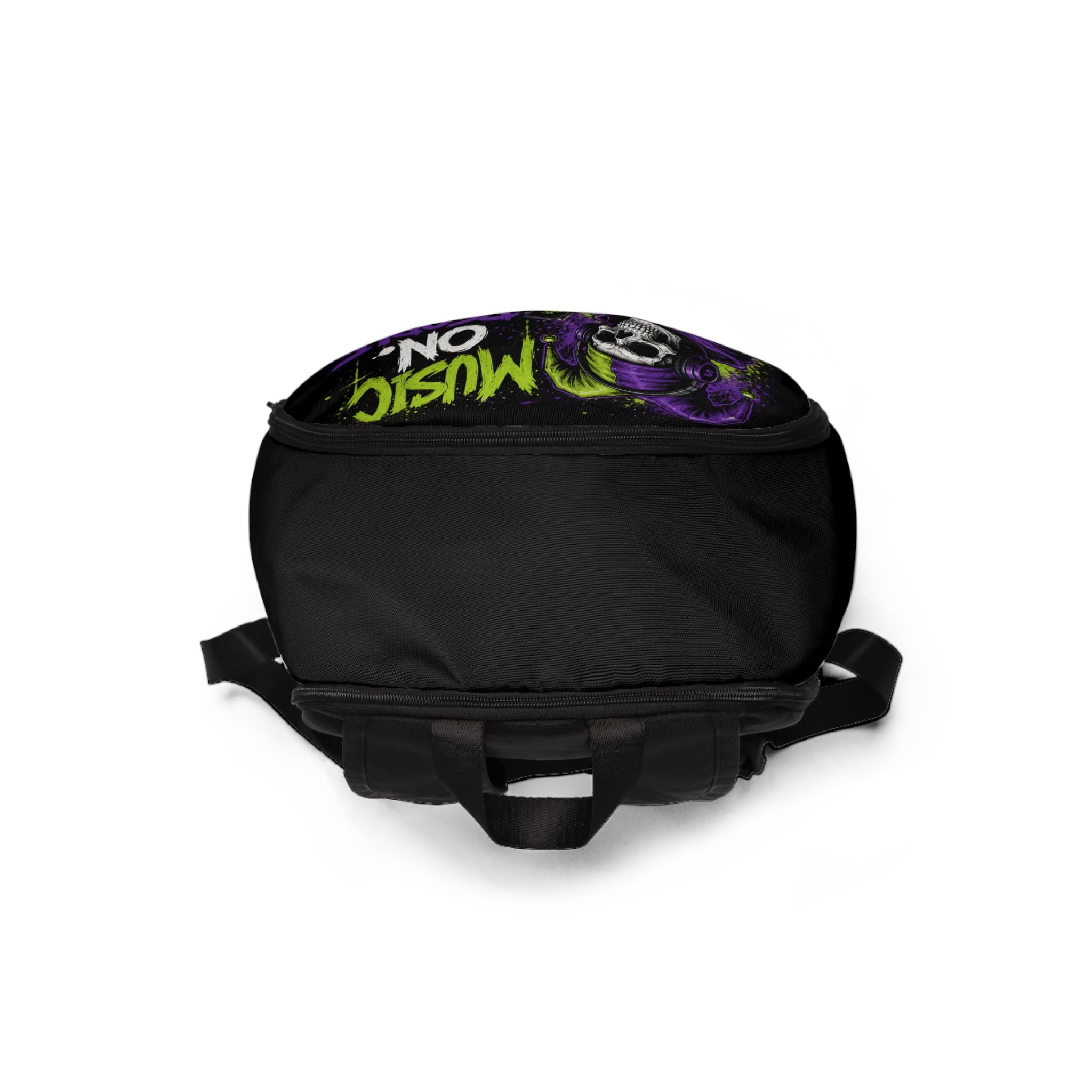 Backpack — "Music On. People Off." Skull Reaper Graphic