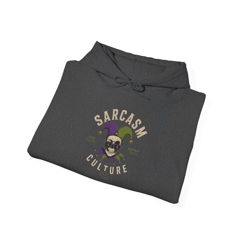 Sarcasm & Caffeine Hoodie — 'Keep Calm with Food and Coffee' Skeleton Jester Graphic Sweatshirt