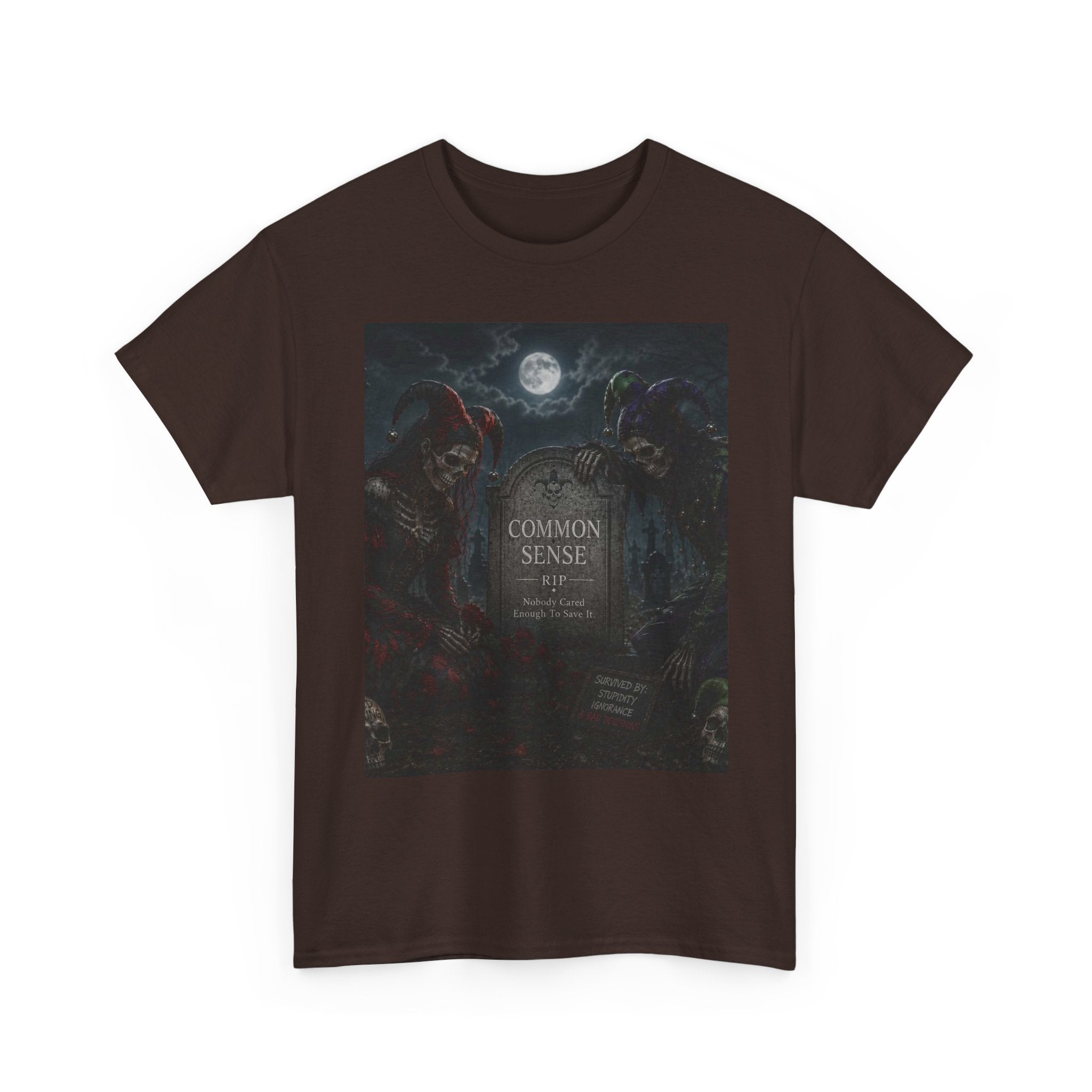 "Common Sense" Gothic Moon Dark Humor Graphic T-Shirt | Skeleton Jester