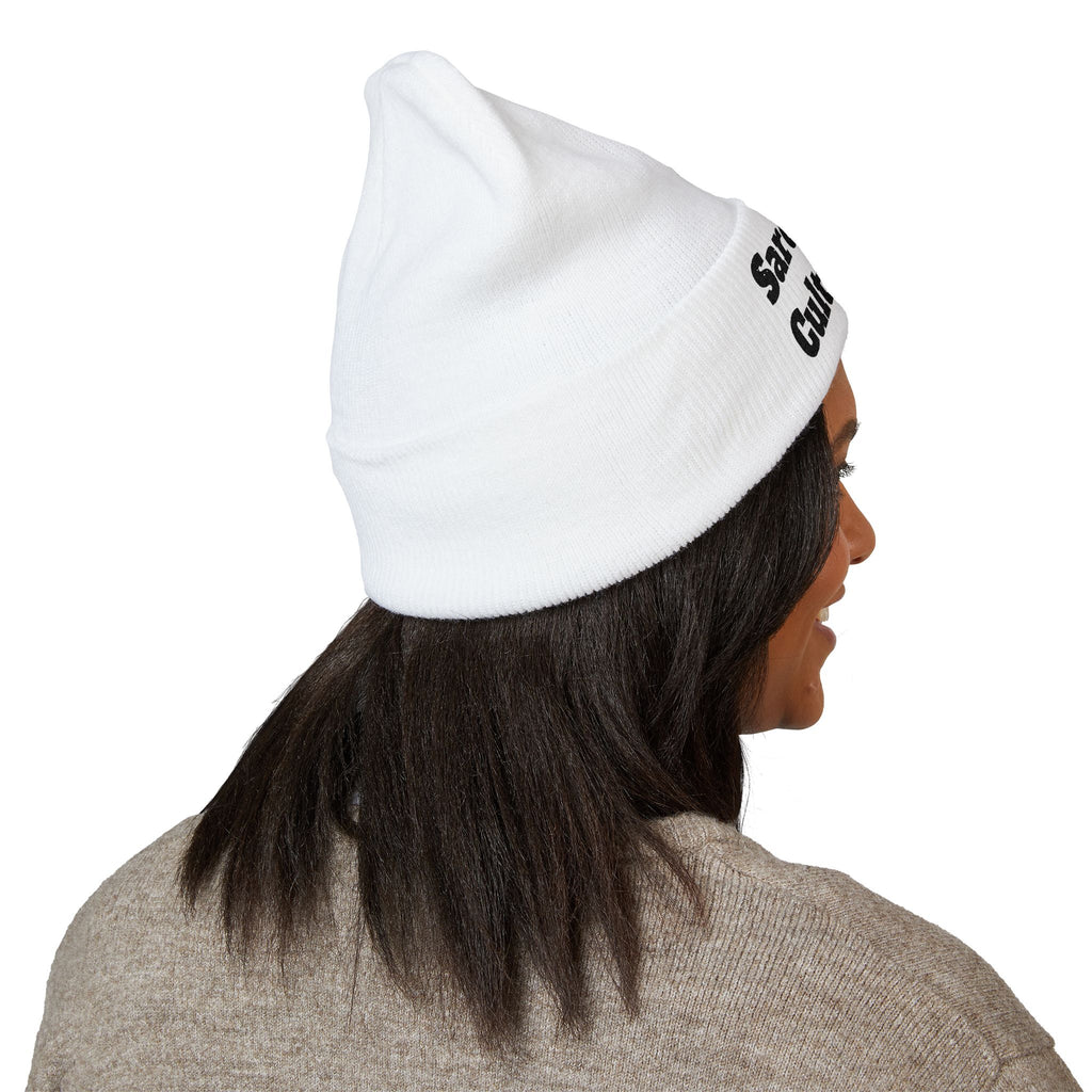 Sarcasm Culture Embroidered Cuffed Beanie — Olive Knit Winter Hat