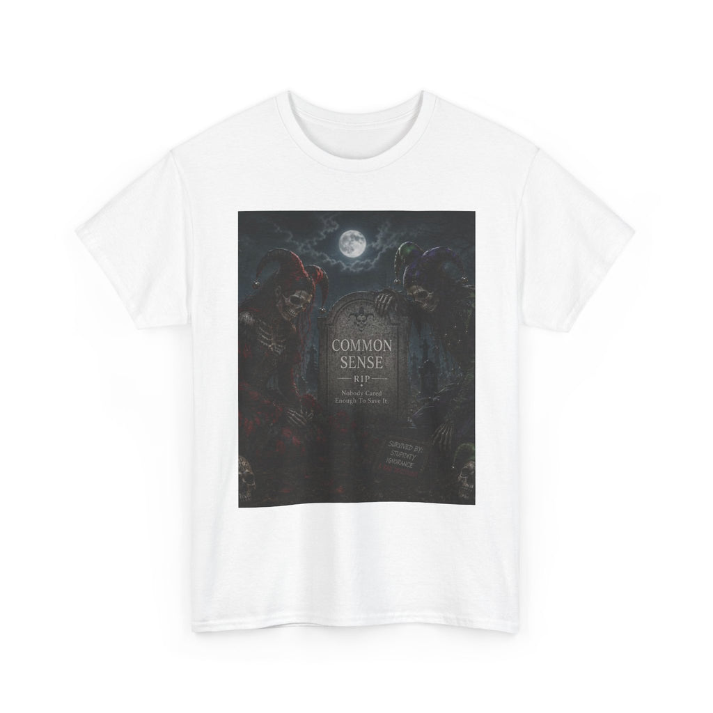 "Common Sense" Gothic Moon Dark Humor Graphic T-Shirt | Skeleton Jester