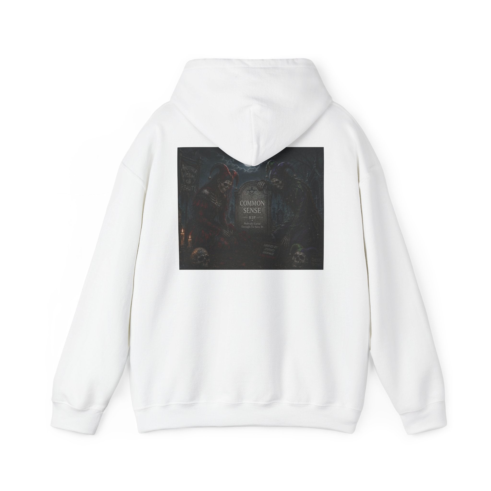Sarcasm & Caution Hoodie — 'End of Common Sense' Skeleton Jester Duo Graphic Pullover