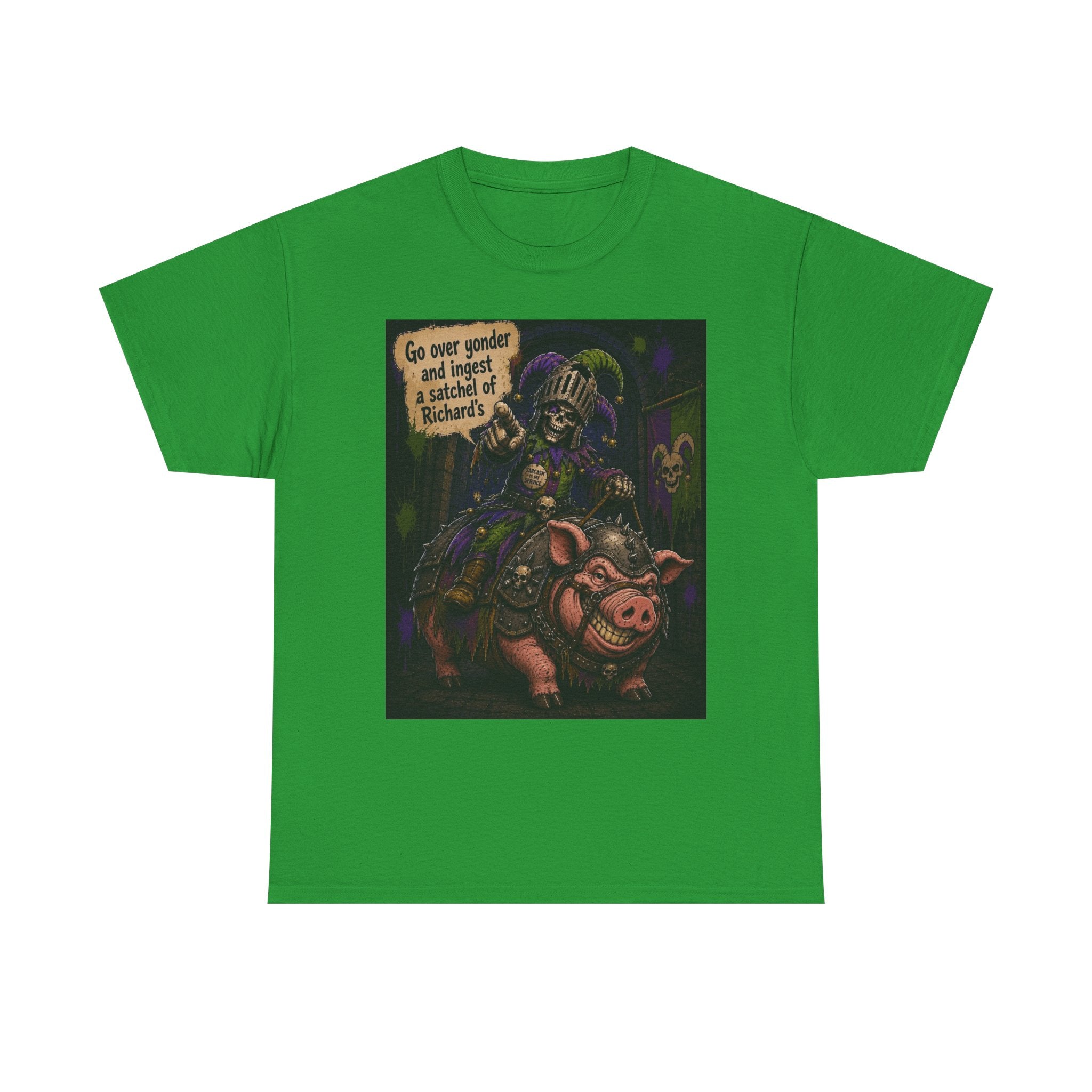 "Go Over Yonder & Ingest a School of Richards" Fantasy Skeleton Knight Riding Pig Dark Humor Graphic T-Shirt