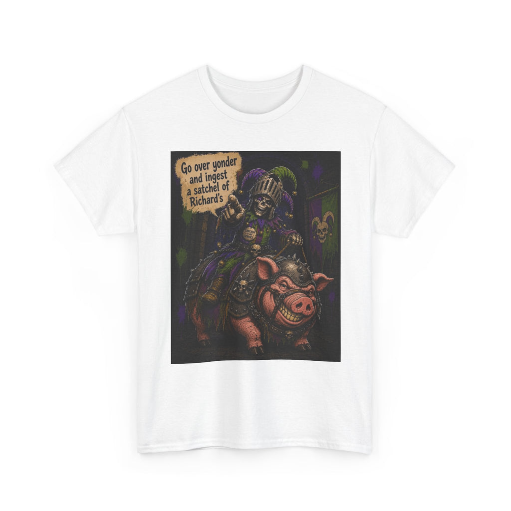 "Go Over Yonder & Ingest a School of Richards" Fantasy Skeleton Knight Riding Pig Dark Humor Graphic T-Shirt