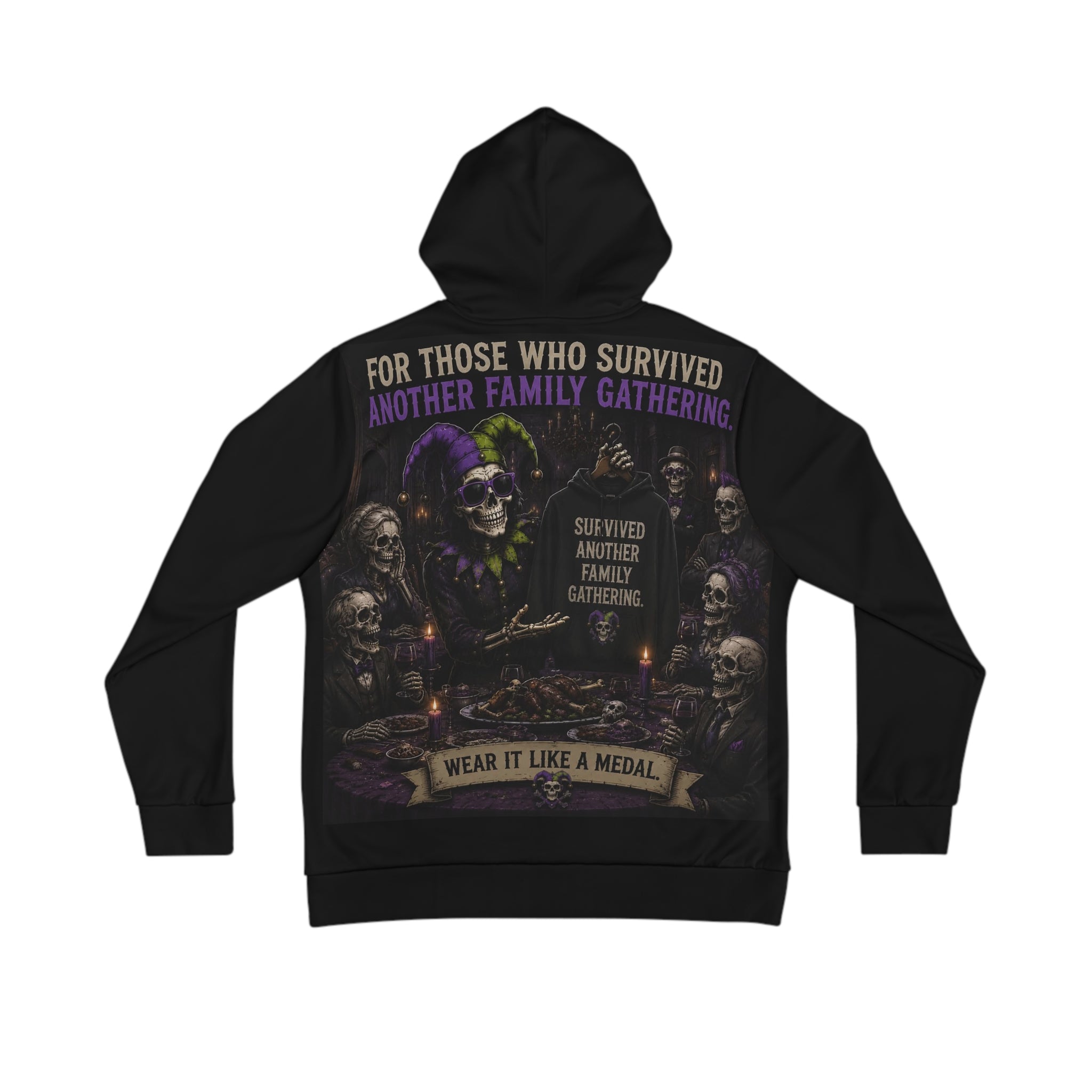 Hoodie - 'Sarcasm Culture' Skull Hoodie: "For Those Who Survived Another Family Gathering" Graphic
