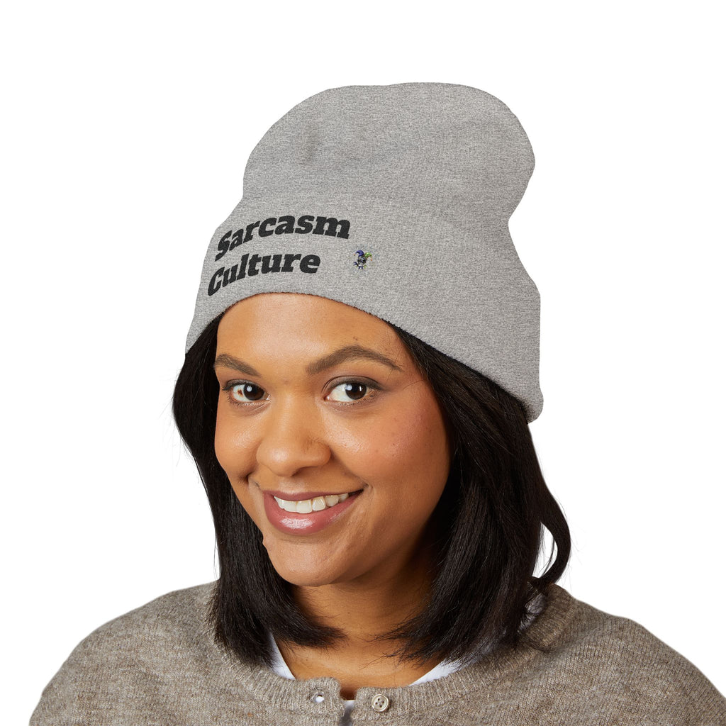 Sarcasm Culture Embroidered Cuffed Beanie — Olive Knit Winter Hat