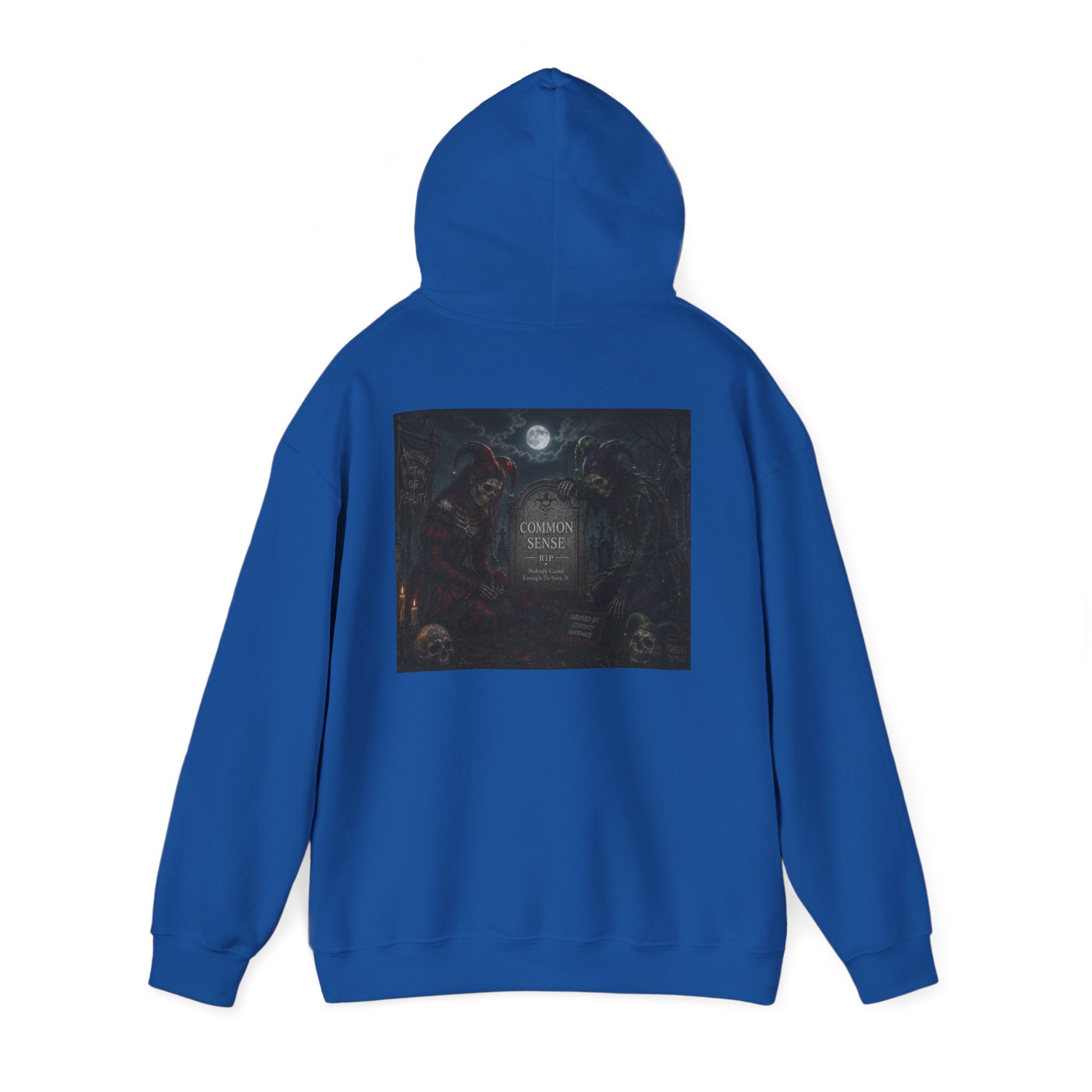 Sarcasm & Caution Hoodie — 'End of Common Sense' Skeleton Jester Duo Graphic Pullover