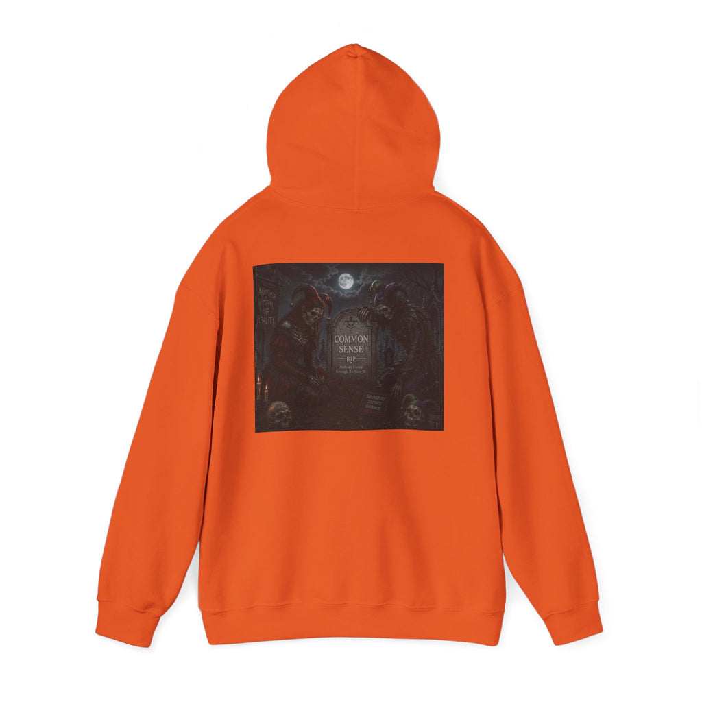 Sarcasm & Caution Hoodie — 'End of Common Sense' Skeleton Jester Duo Graphic Pullover