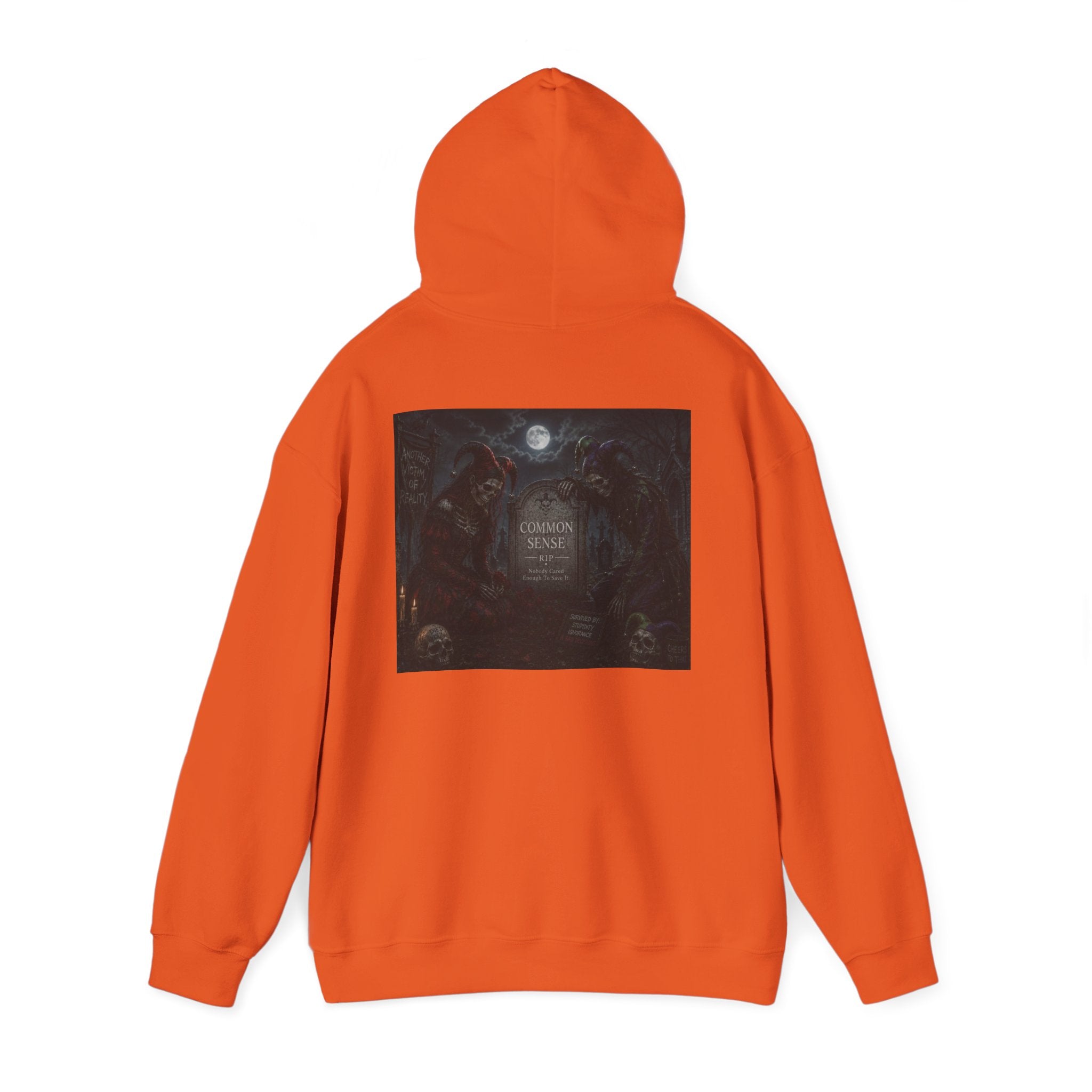 Sarcasm & Caution Hoodie — 'End of Common Sense' Skeleton Jester Duo Graphic Pullover