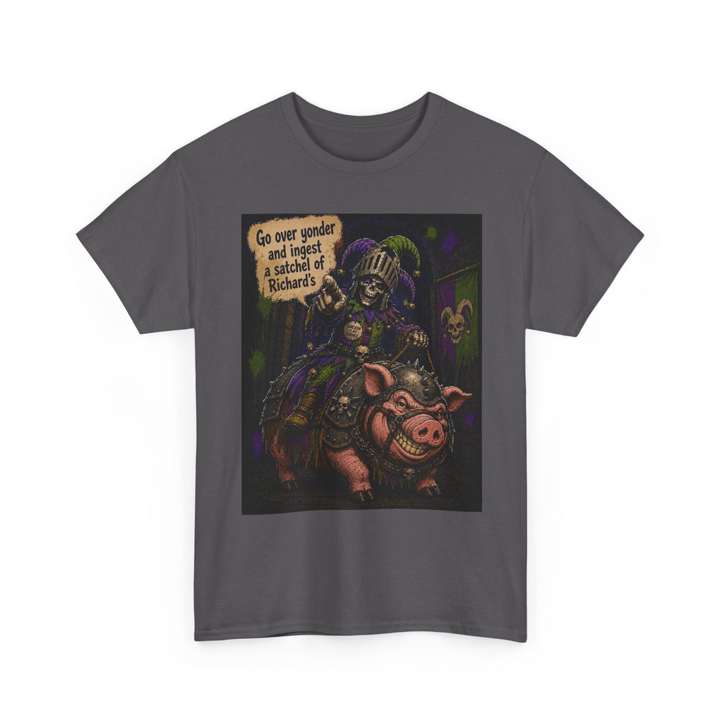 "Go Over Yonder & Ingest a School of Richards" Fantasy Skeleton Knight Riding Pig Dark Humor Graphic T-Shirt