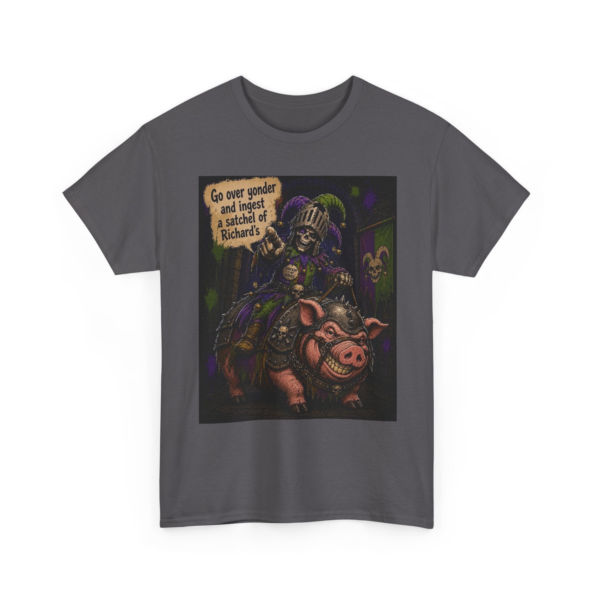 "Go Over Yonder & Ingest a School of Richards" Fantasy Skeleton Knight Riding Pig Dark Humor Graphic T-Shirt