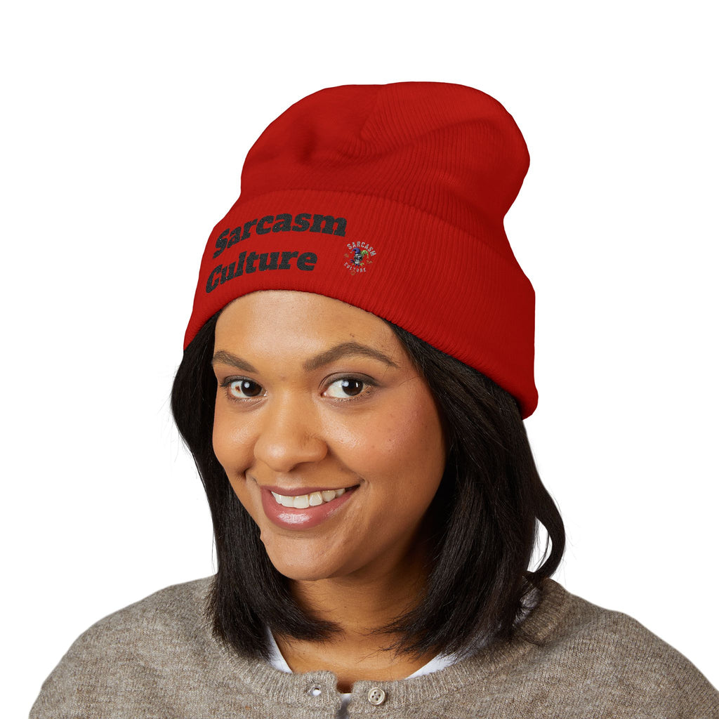 Sarcasm Culture Embroidered Cuffed Beanie — Olive Knit Winter Hat