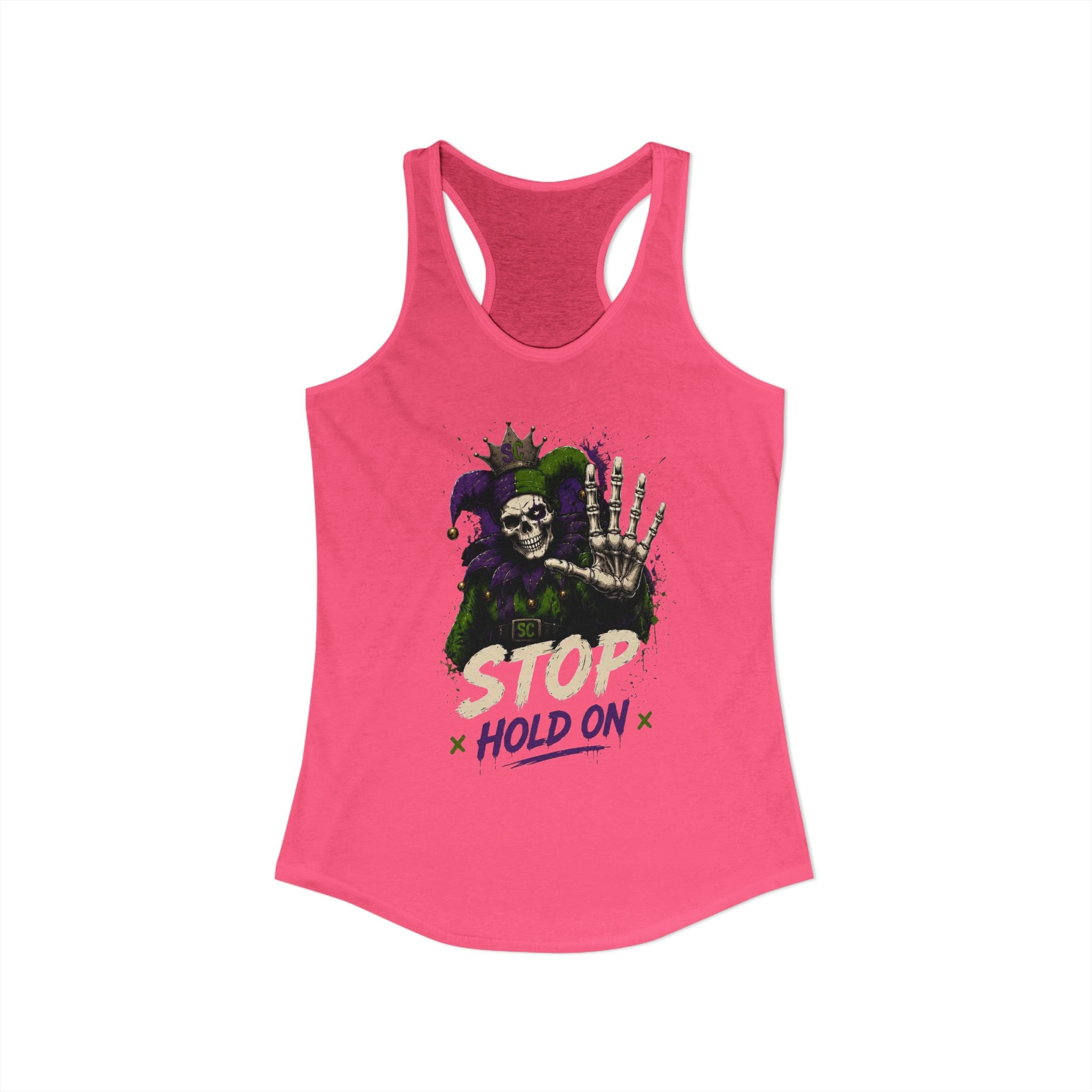 Stop Hold On Racerback Tank — 'OK Now Talk' Jester Graphic Women's Tank Top
