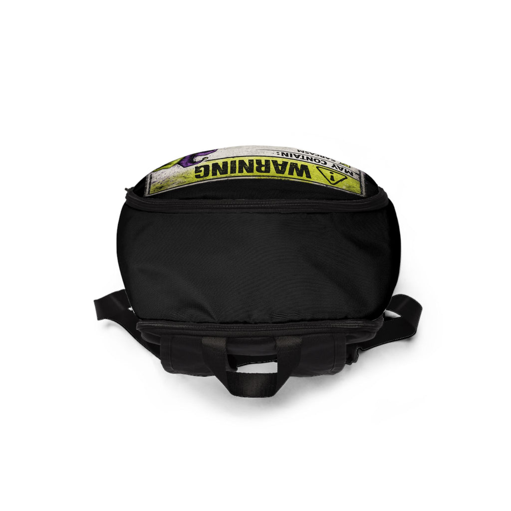Warning Sarcasm Backpack — "Warning: May Contain Sarcasm, Bad Decisions" Funny Black Daypack