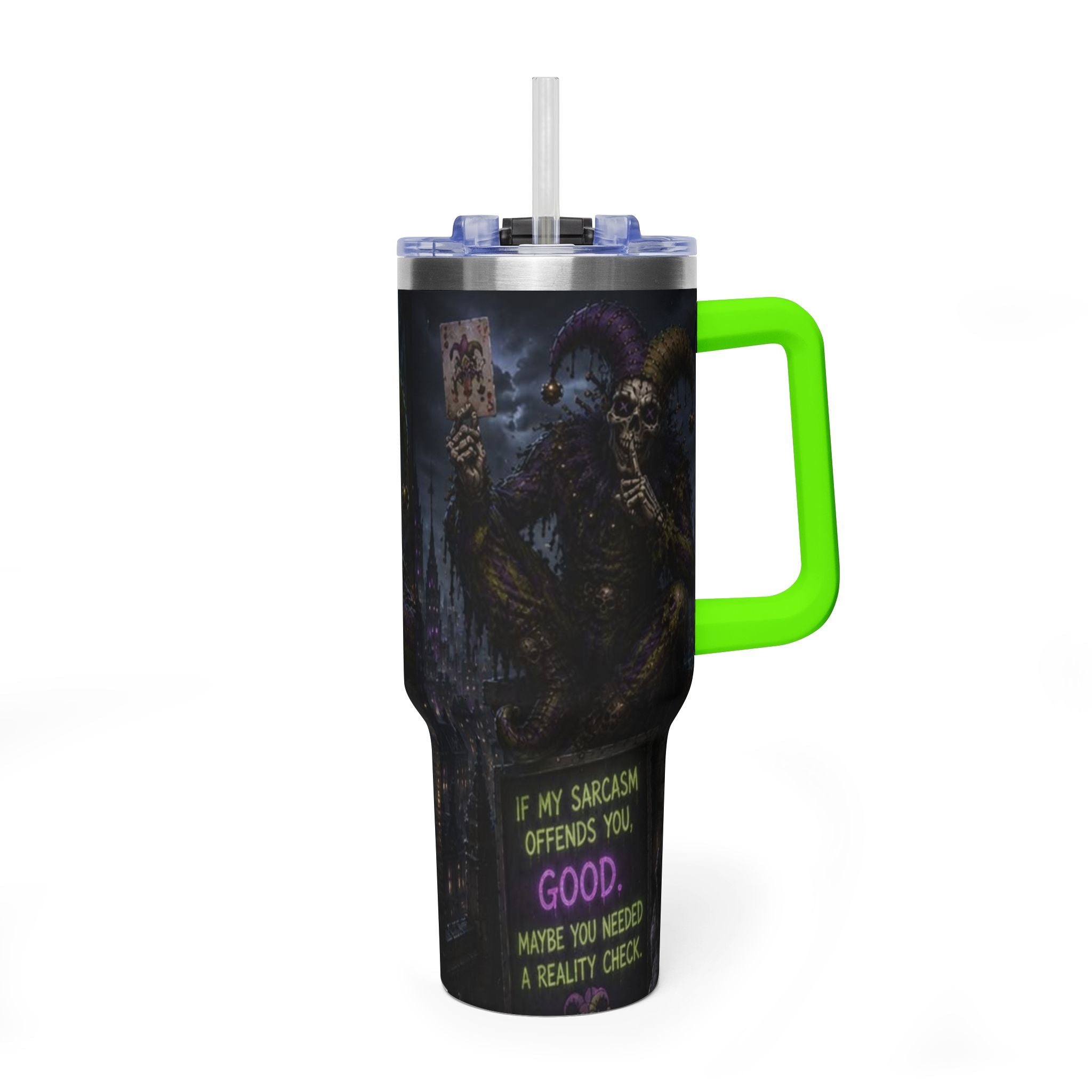 40oz The Skeleton Jester Tumbler — 'Another Day Without You Making Sense' Dark Humor Travel Mug