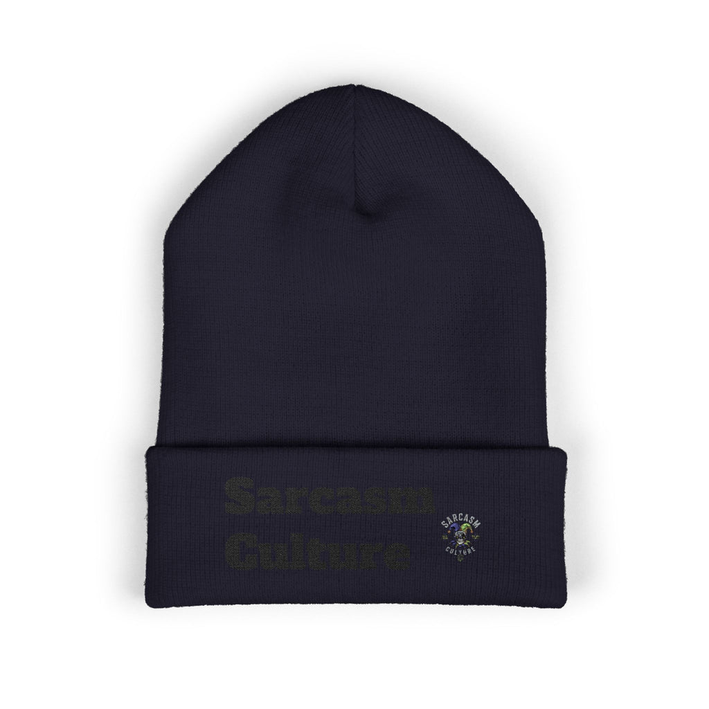 Sarcasm Culture Embroidered Cuffed Beanie — Olive Knit Winter Hat