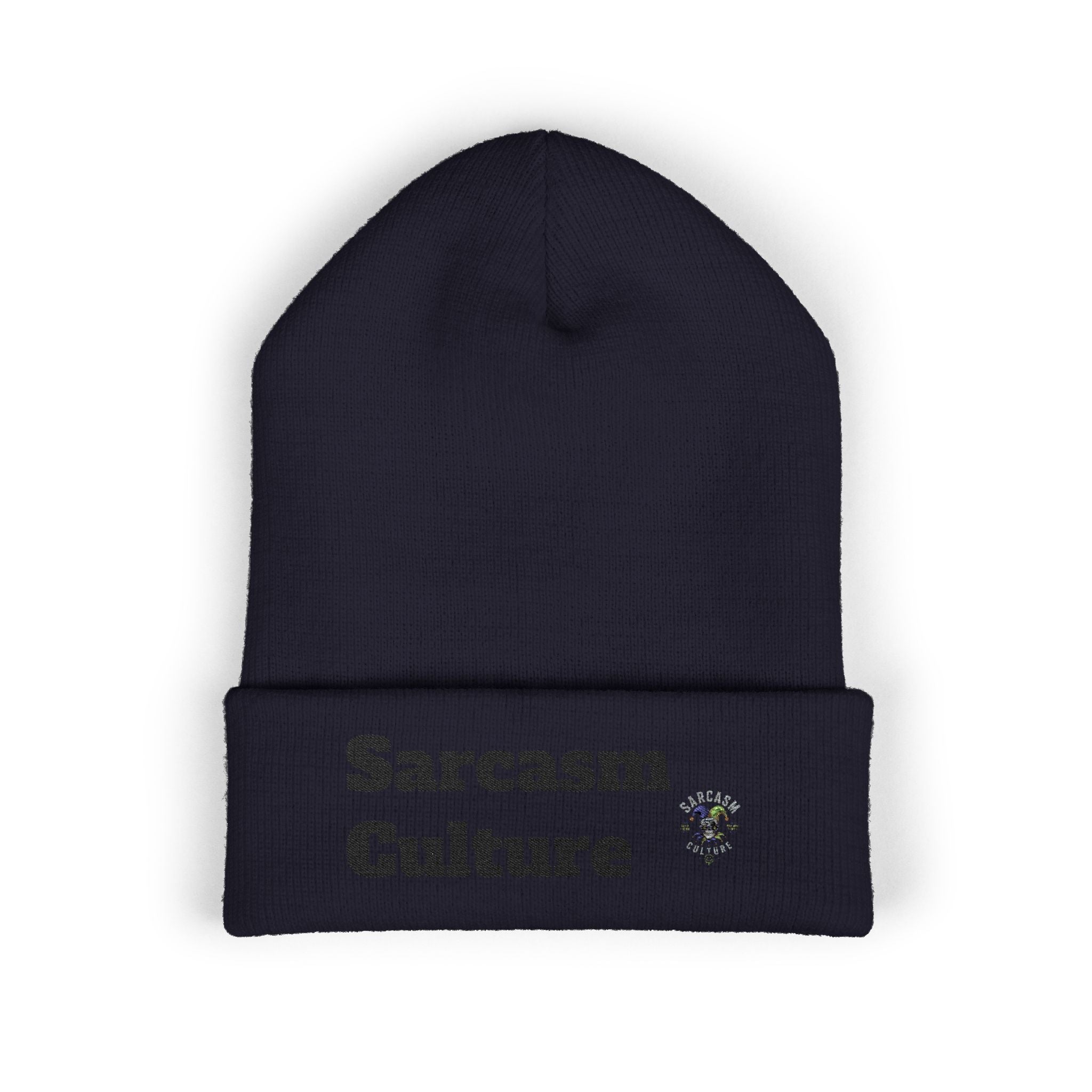Sarcasm Culture Embroidered Cuffed Beanie — Olive Knit Winter Hat