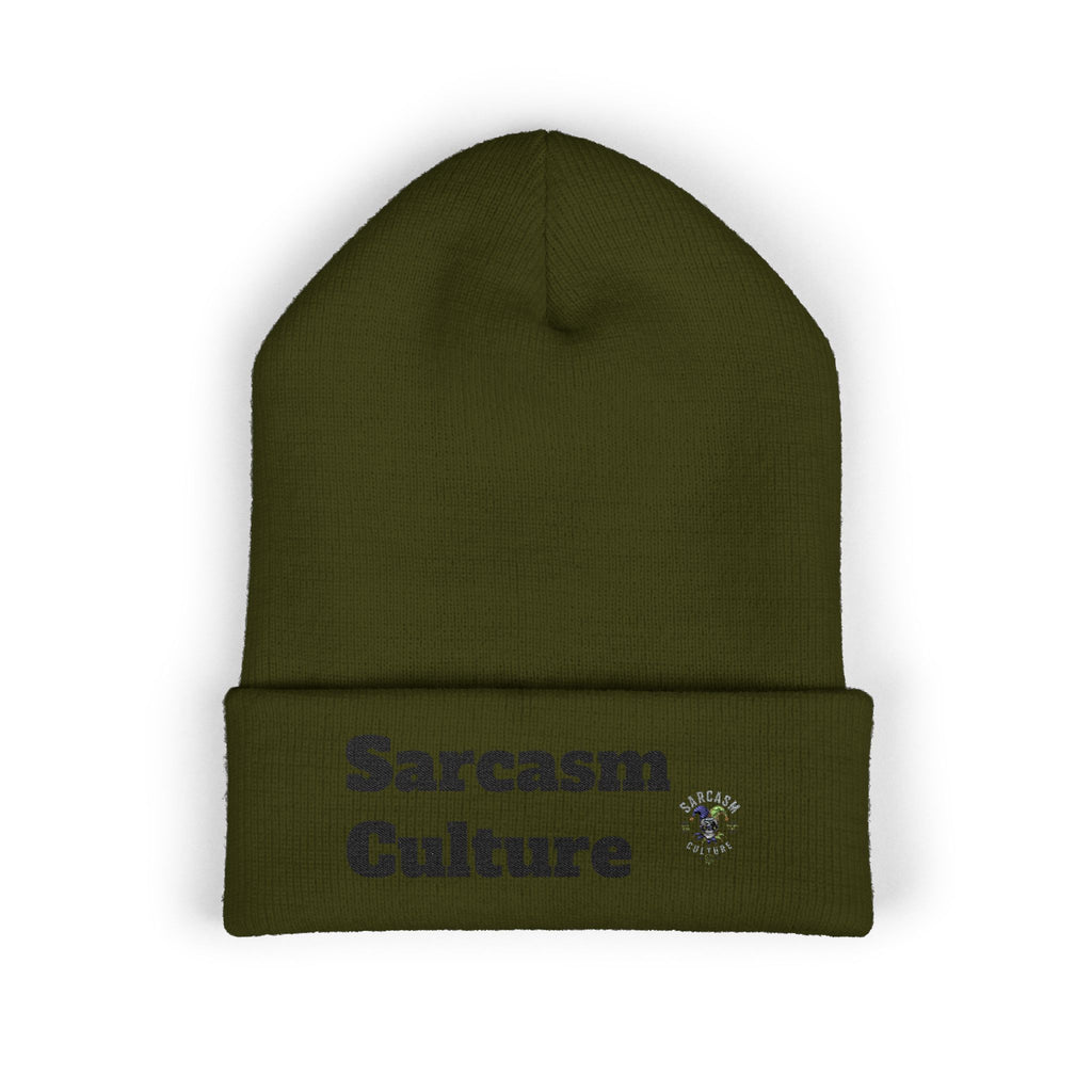 Sarcasm Culture Embroidered Cuffed Beanie — Olive Knit Winter Hat