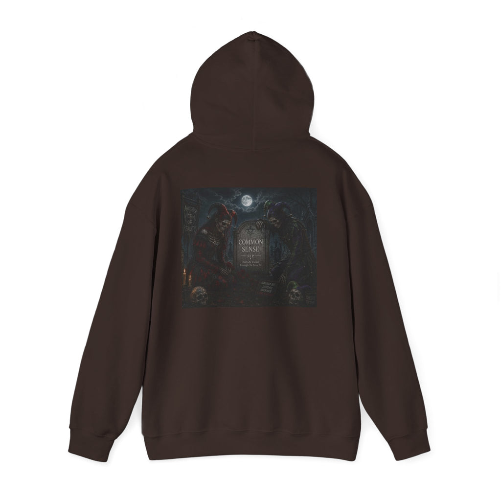 Sarcasm & Caution Hoodie — 'End of Common Sense' Skeleton Jester Duo Graphic Pullover