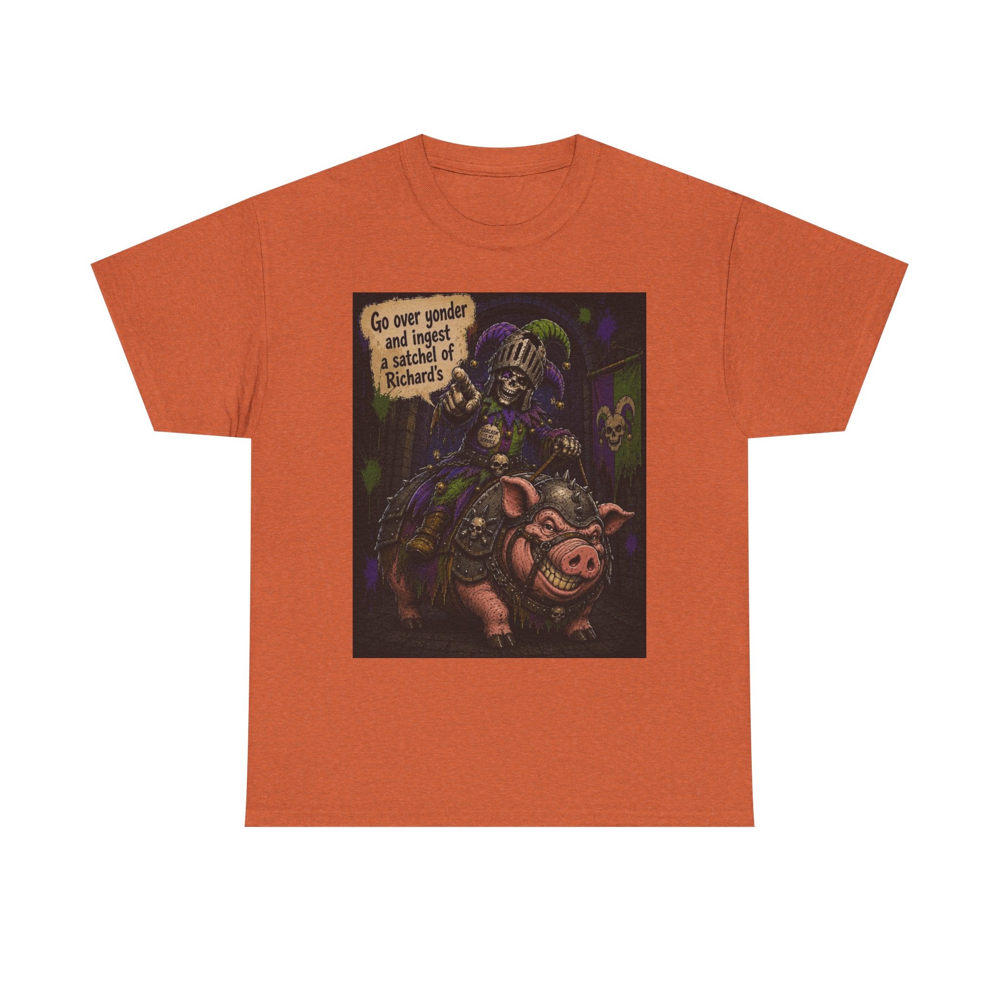 "Go Over Yonder & Ingest a School of Richards" Fantasy Skeleton Knight Riding Pig Dark Humor Graphic T-Shirt