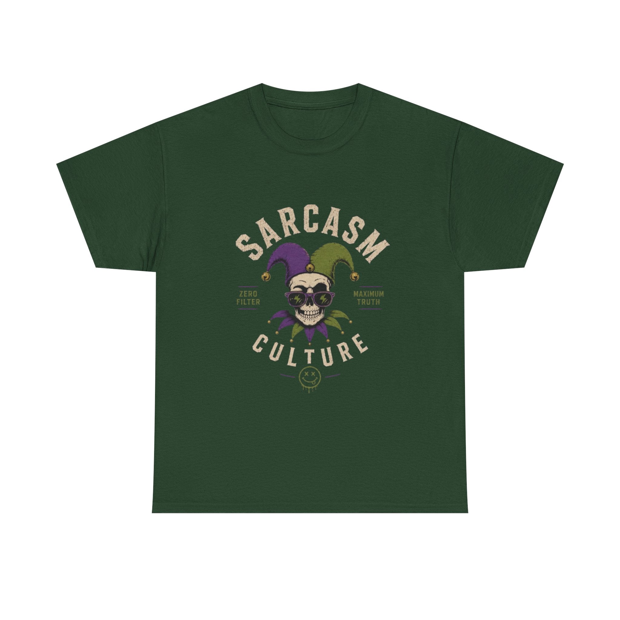 Sarcasm Culture Jester Tee — Skeleton Jester Emblem Dark Humor Graphic T-Shirt