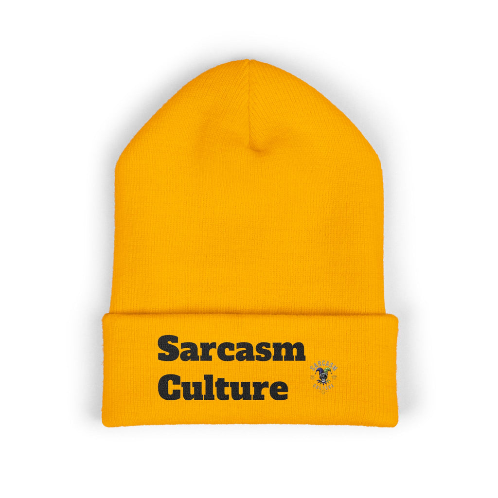 Sarcasm Culture Embroidered Cuffed Beanie — Olive Knit Winter Hat