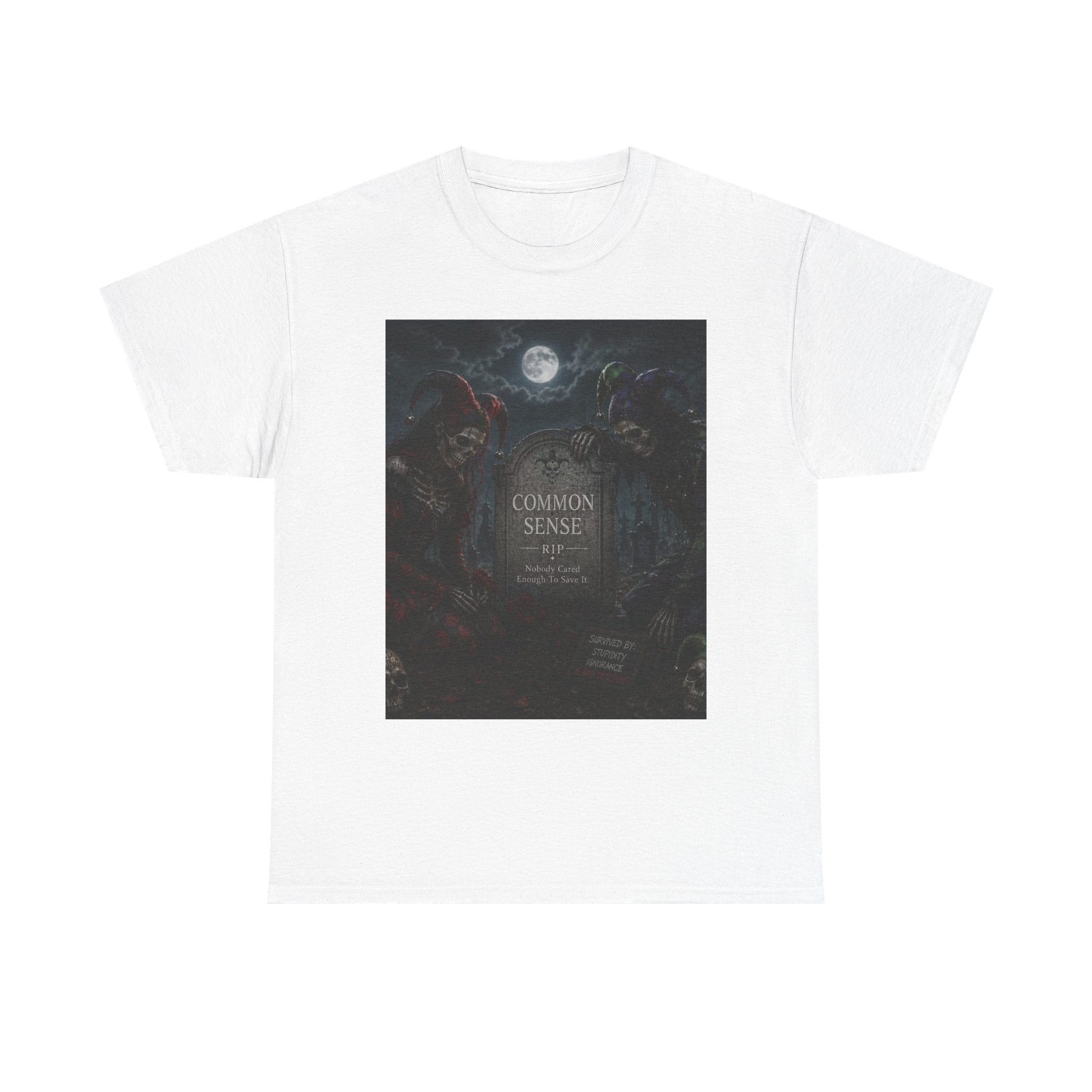 "Common Sense" Gothic Moon Dark Humor Graphic T-Shirt | Skeleton Jester