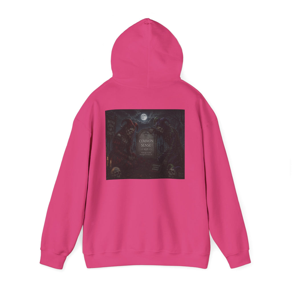Sarcasm & Caution Hoodie — 'End of Common Sense' Skeleton Jester Duo Graphic Pullover