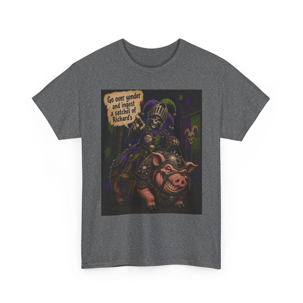 "Go Over Yonder & Ingest a School of Richards" Fantasy Skeleton Knight Riding Pig Dark Humor Graphic T-Shirt