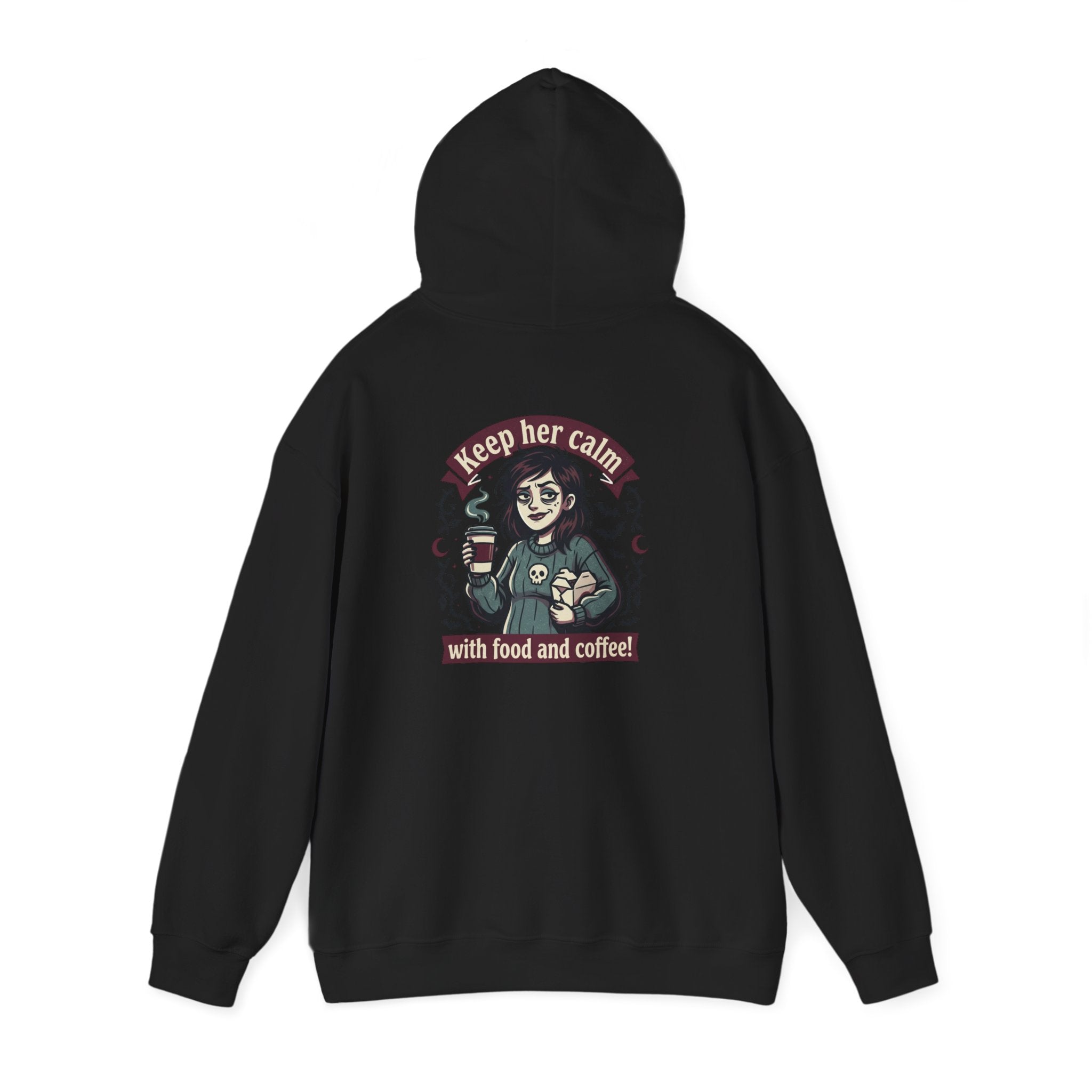 Sarcasm & Caffeine Hoodie — 'Keep Calm with Food and Coffee' Skeleton Jester Graphic Sweatshirt